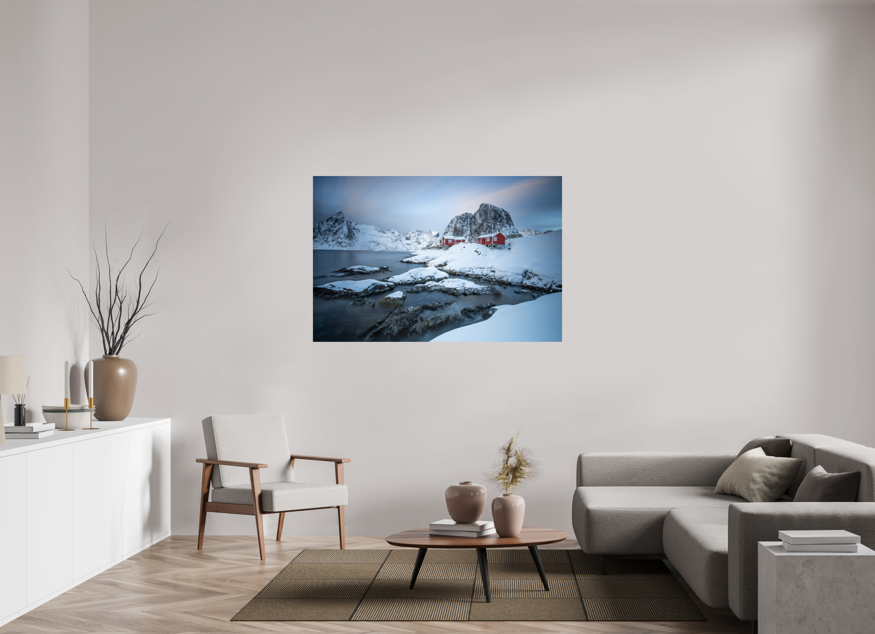 150 x 100 cm, Photo Print On Fuji Crystal DP II Nordische Ruhe – Hamnøy zwischen Felsen und Fjord