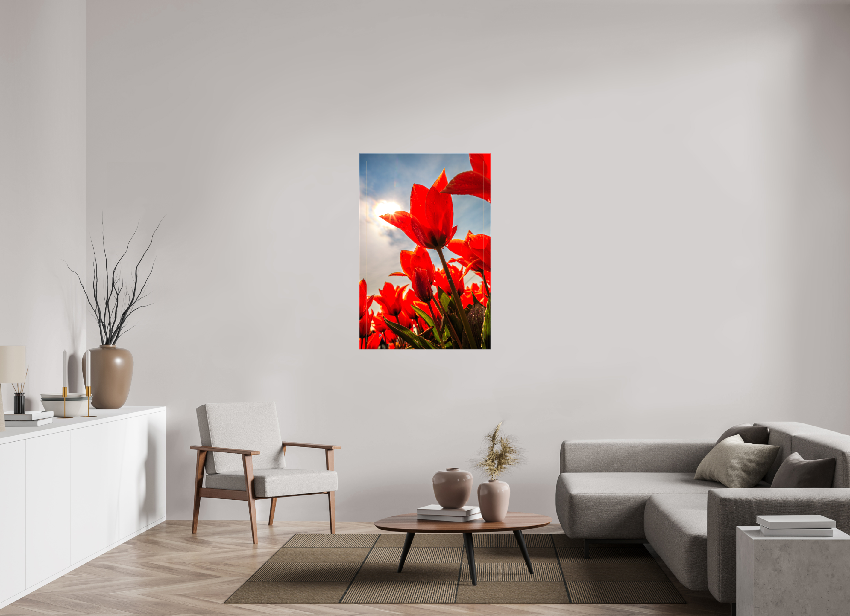 80 x 120 cm, Foto Leinwand glänzend Leuchtende Kelche: Offene Tulpen im Sonnenlicht
