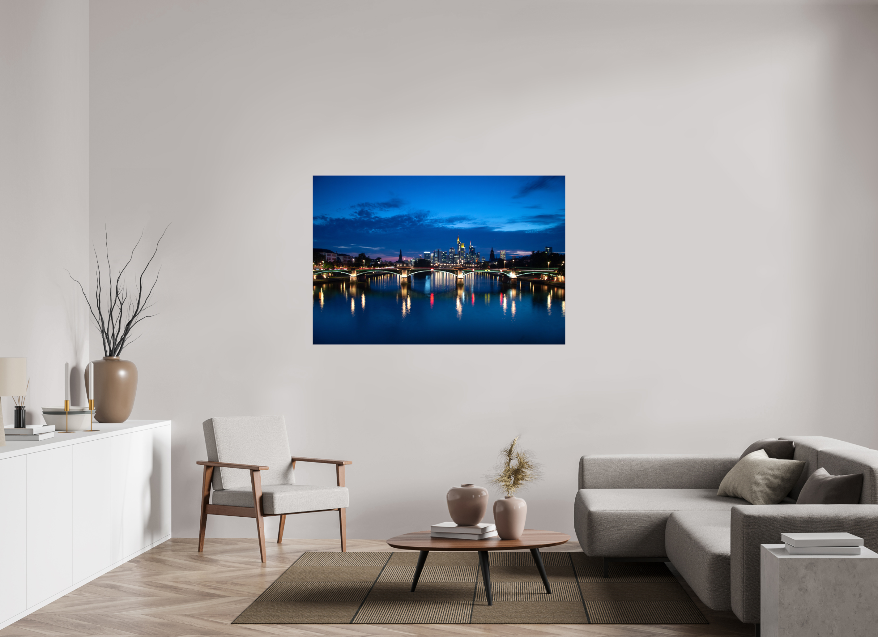 150 x 100 cm, Foto Leinwand glänzend Frankfurter Skyline – Flößerbrücke zur Blauen Stunde