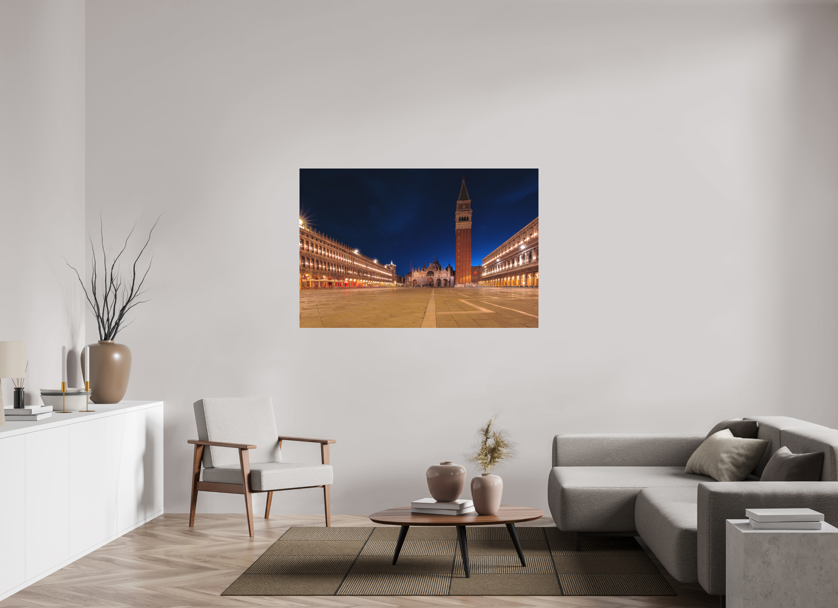 150 x 100 cm, Foto-Abzug hinter Acrylglas 3 mm matt Ruhiger Markusplatz bei Sonnenaufgang in Venedig