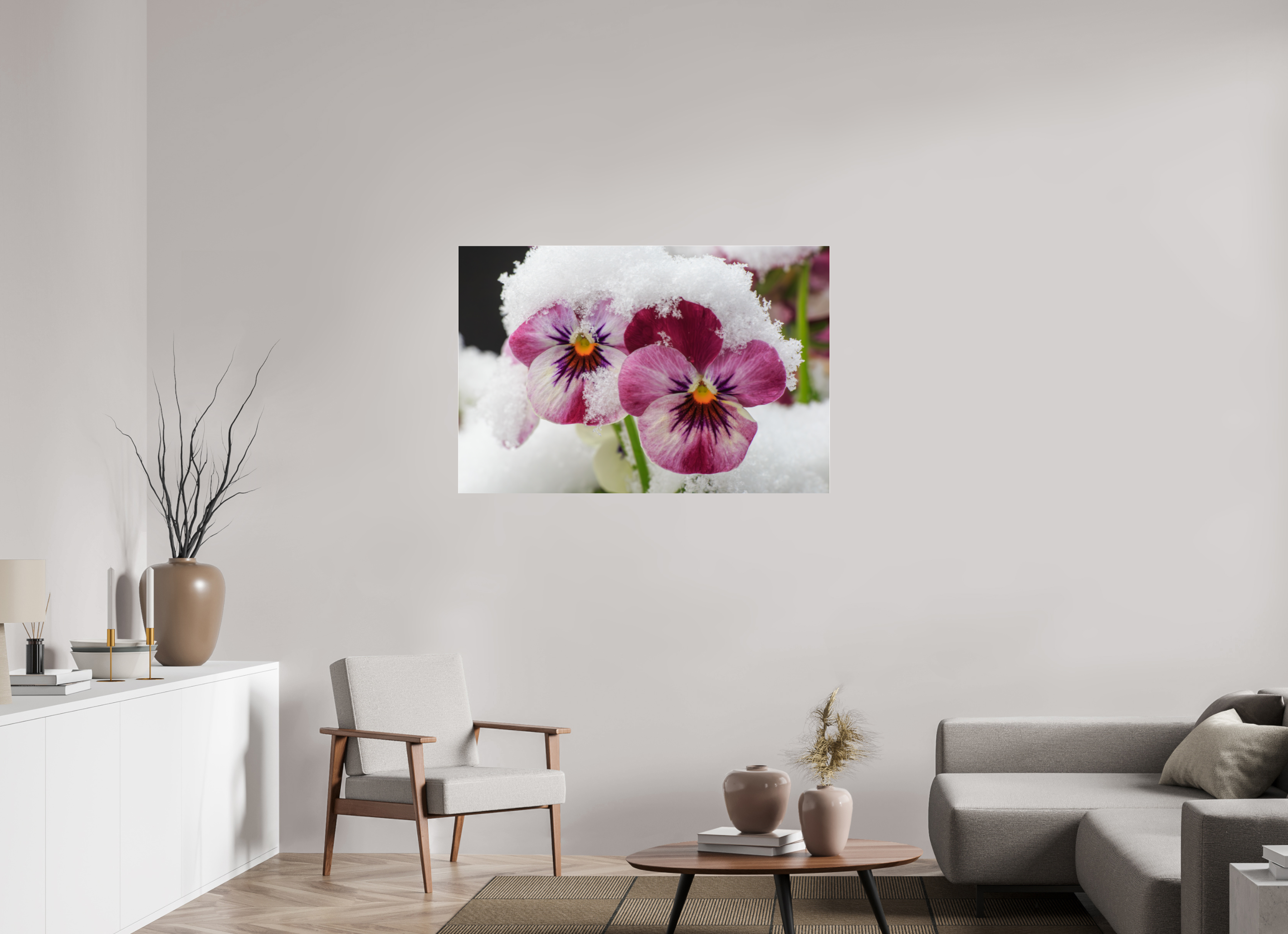 120 x 80 cm, Foto-Abzug Acrylglas 4 mm glänzend Winterzauber: Veilchenblüte mit glitzernden Eiskristallen