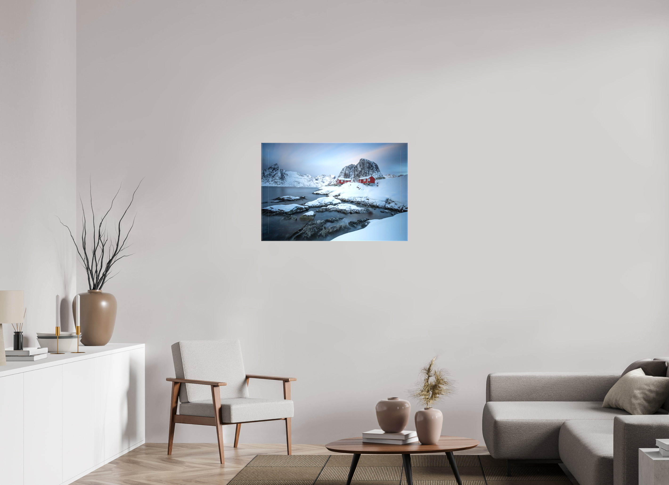 90 x 60 cm, Foto Leinwand glänzend Nordische Ruhe – Hamnøy zwischen Felsen und Fjord