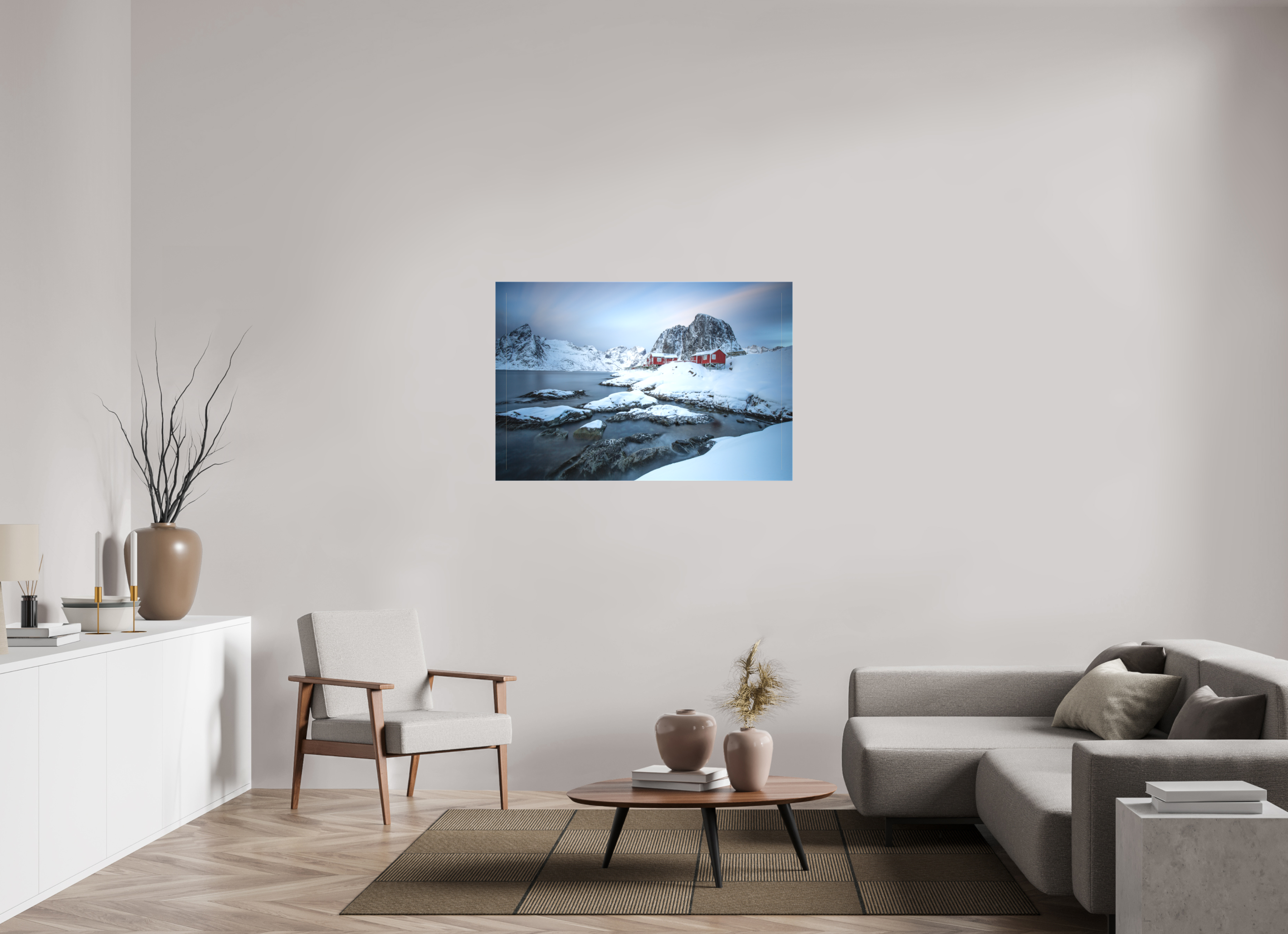 120 x 80 cm, Foto-Leinwand matt Nordische Ruhe – Hamnøy zwischen Felsen und Fjord