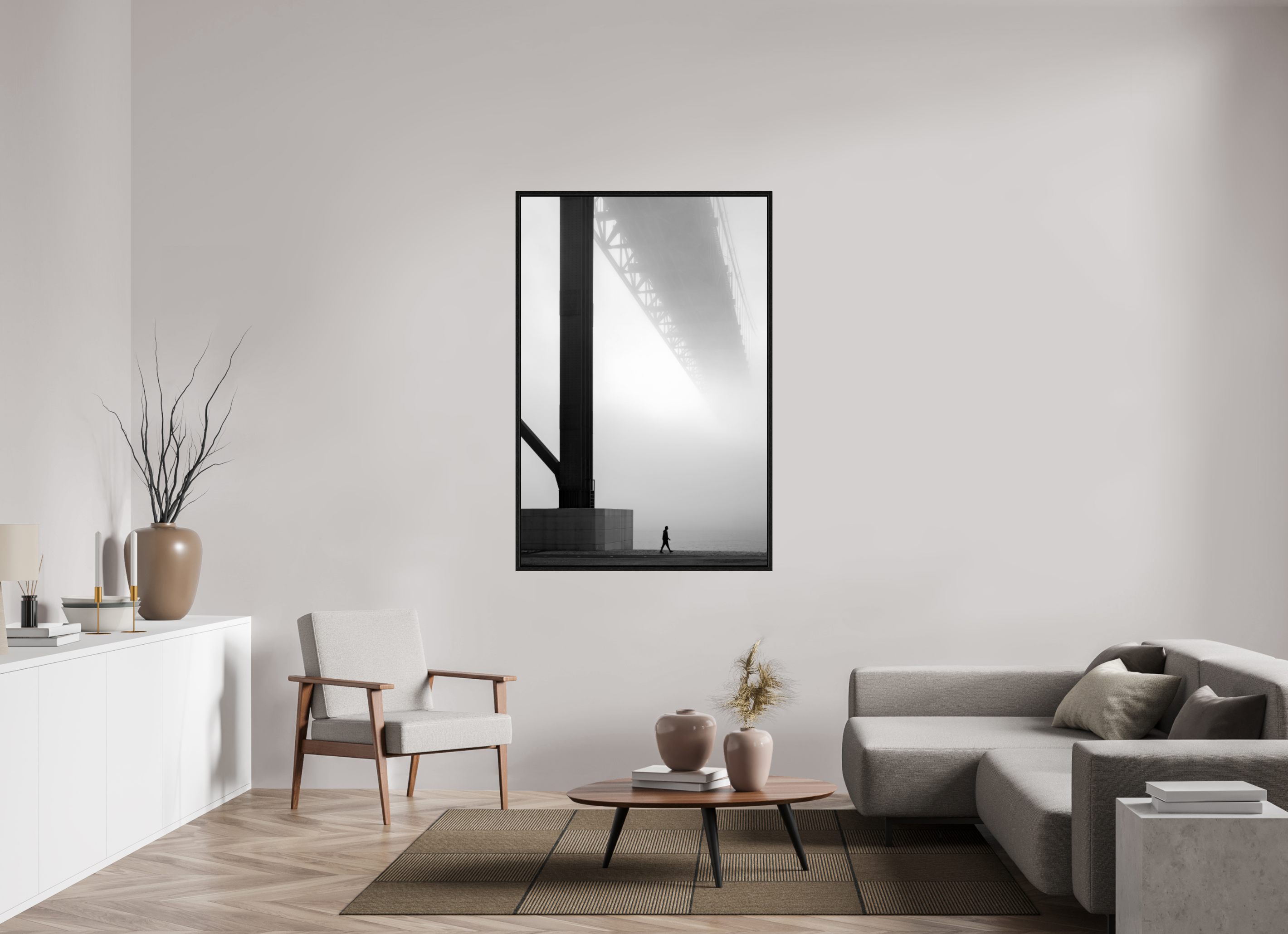 100 x 150 cm, Floater Frame Lissabon Brücke im Nebel S/W – Wandbild in Galeriequalität