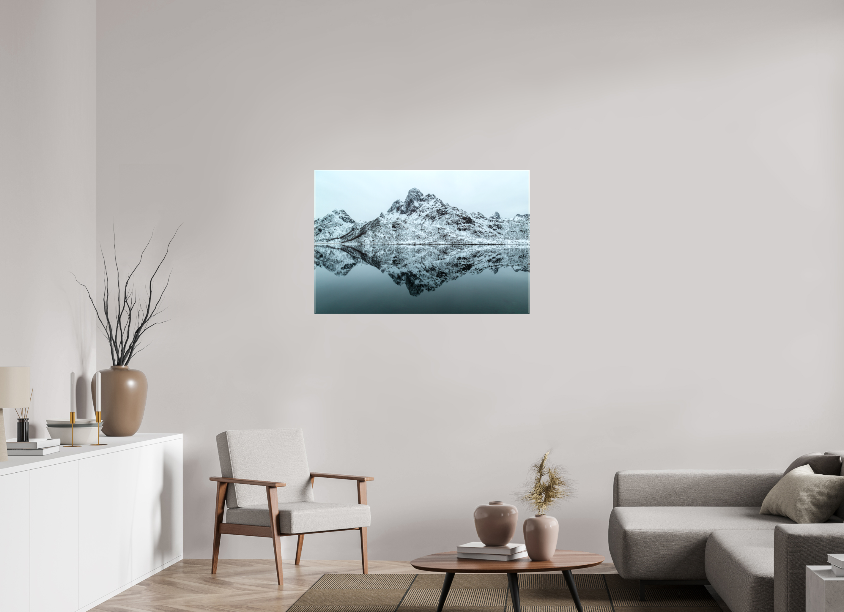 105 x 70 cm, Foto Leinwand glänzend Spiegelung der Stille – Fjordlandschaft Norwegens