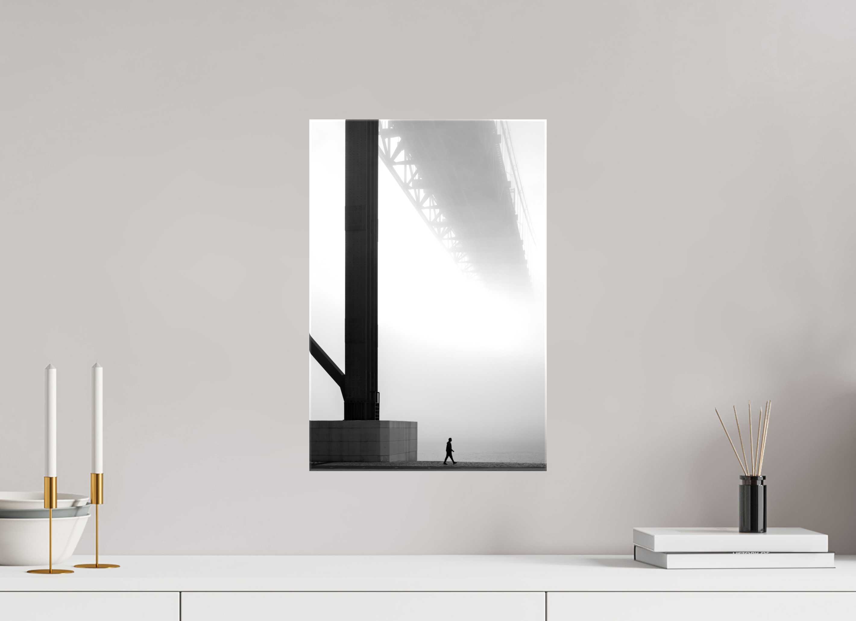 30 x 45 cm, Foto Leinwand glänzend Lissabon Brücke im Nebel S/W – Wandbild in Galeriequalität