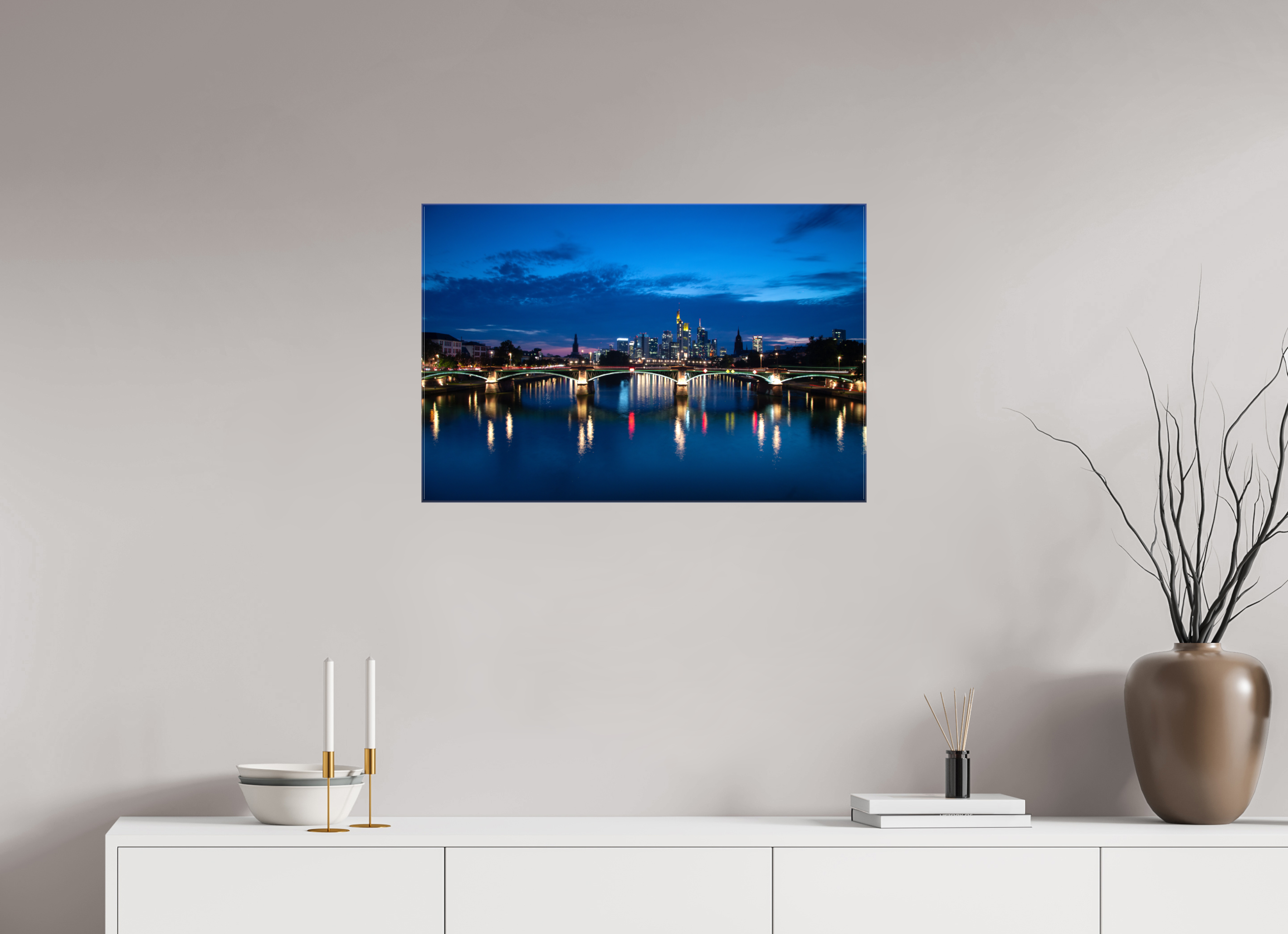 75 x 50 cm, Foto Leinwand glänzend Frankfurter Skyline – Flößerbrücke zur Blauen Stunde
