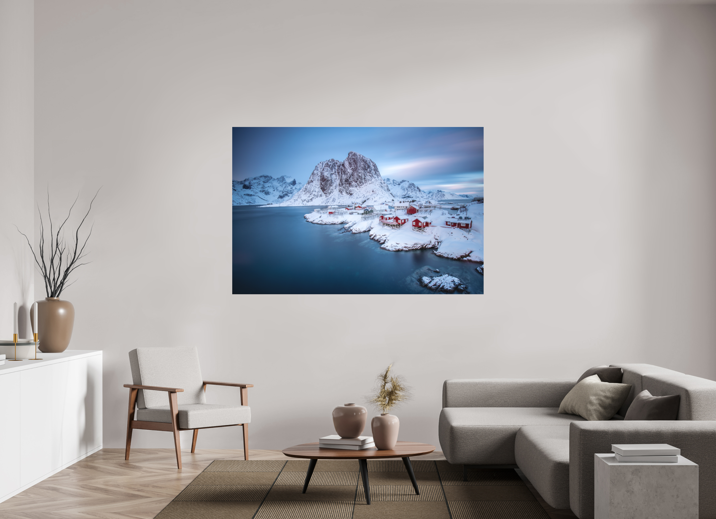 180 x 120 cm, Foto-Abzug hinter Acrylglas 3 mm matt Hamnøy - Fischerdorf auf den Lofoten im Winter