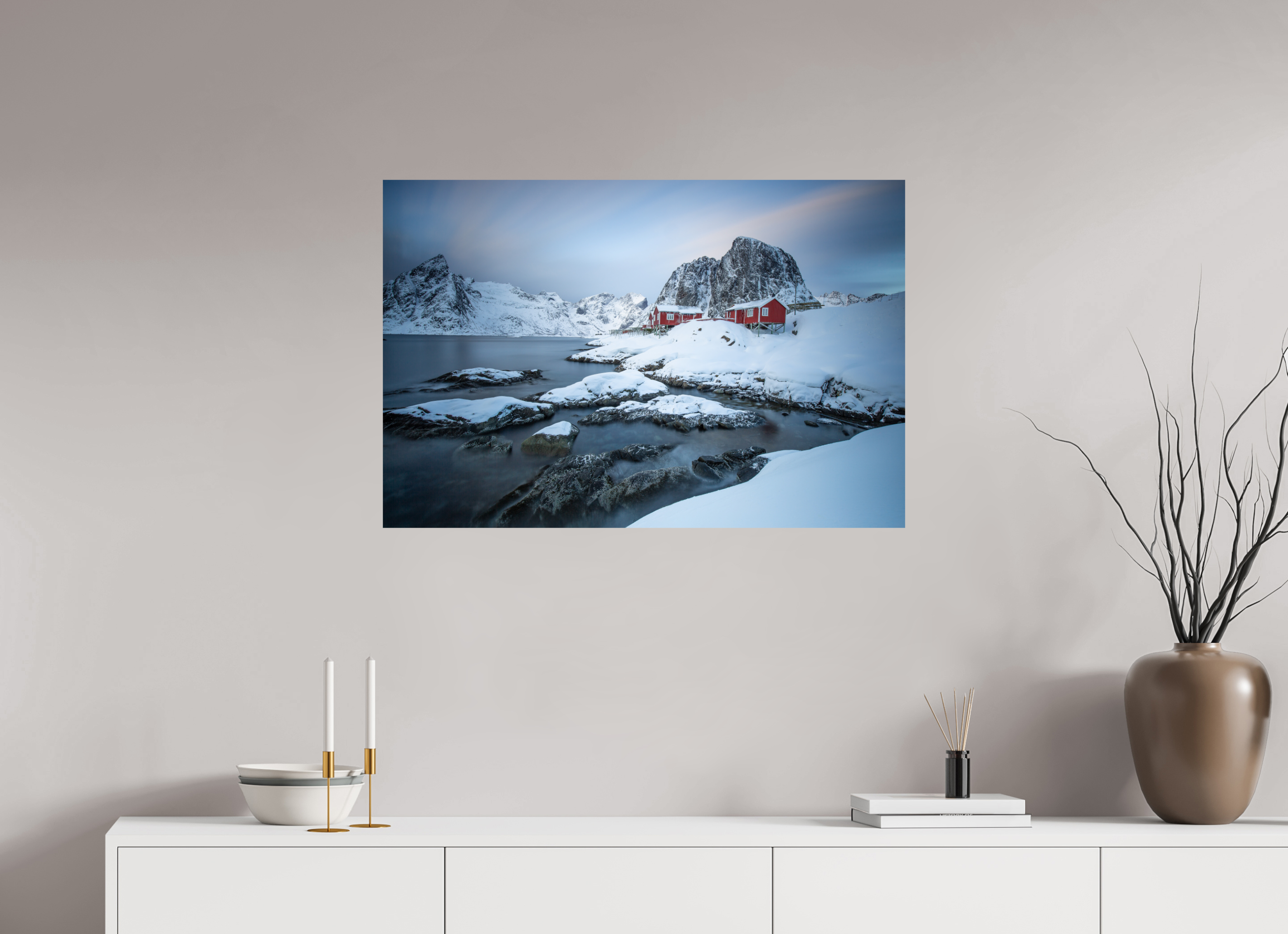 90 x 60 cm, Photo Print On Fuji Crystal DP II Nordische Ruhe – Hamnøy zwischen Felsen und Fjord