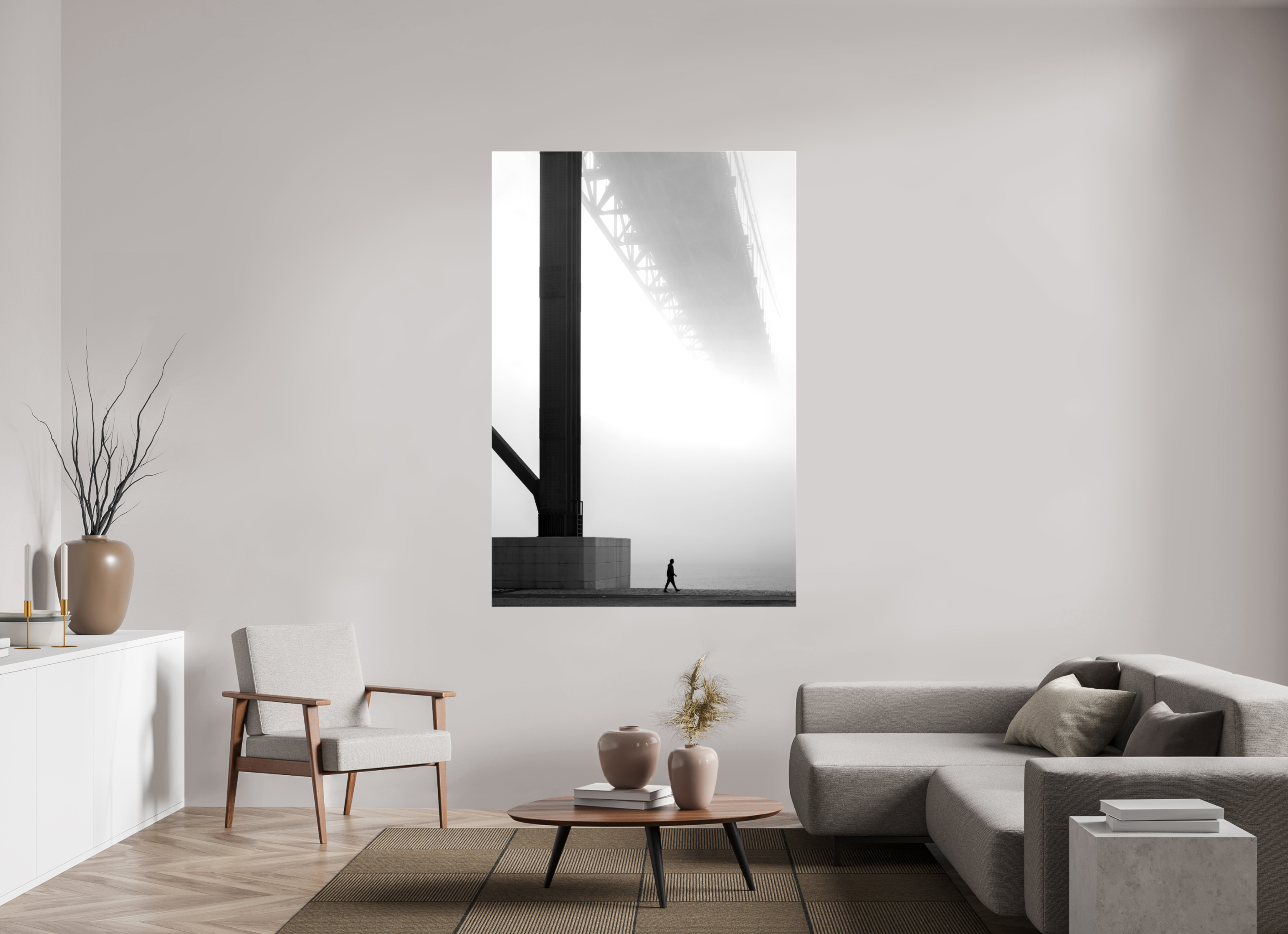 120 x 180 cm, Foto Leinwand glänzend Lissabon Brücke im Nebel S/W – Wandbild in Galeriequalität