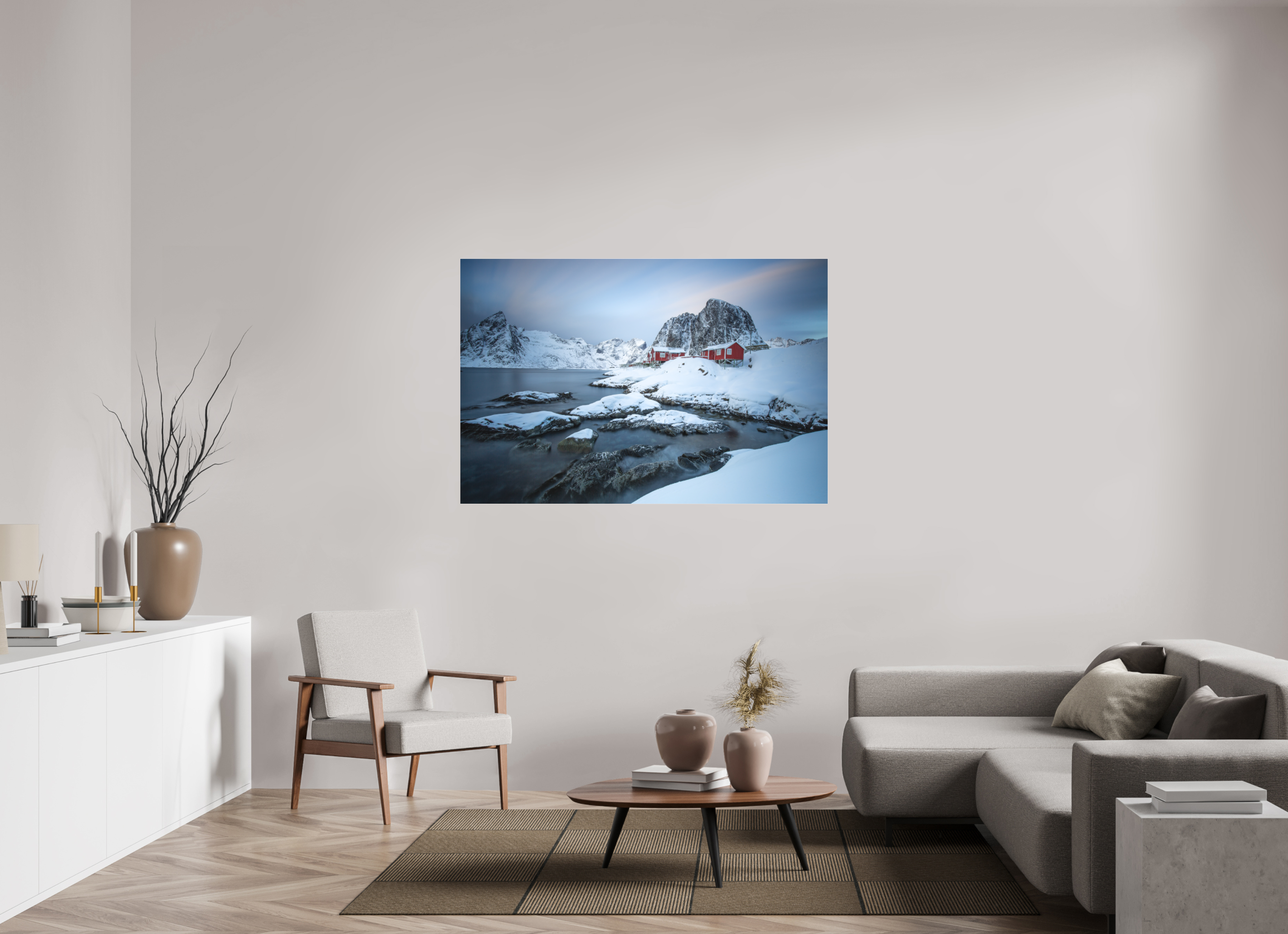 150 x 100 cm, Foto-Abzug hinter Acrylglas 3 mm matt Nordische Ruhe – Hamnøy zwischen Felsen und Fjord