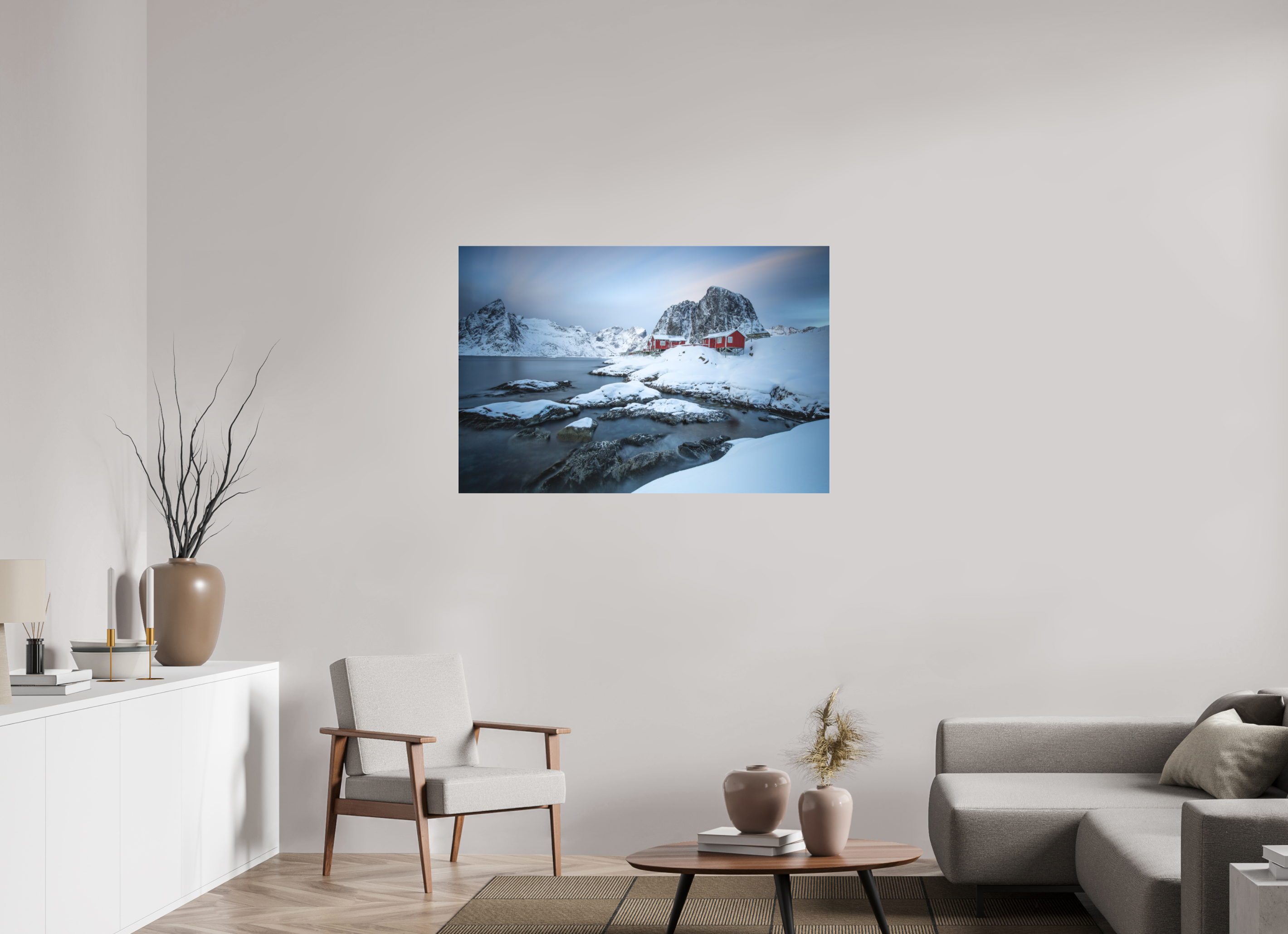 120 x 80 cm, Foto-Abzug hinter Acrylglas 3 mm matt Nordische Ruhe – Hamnøy zwischen Felsen und Fjord