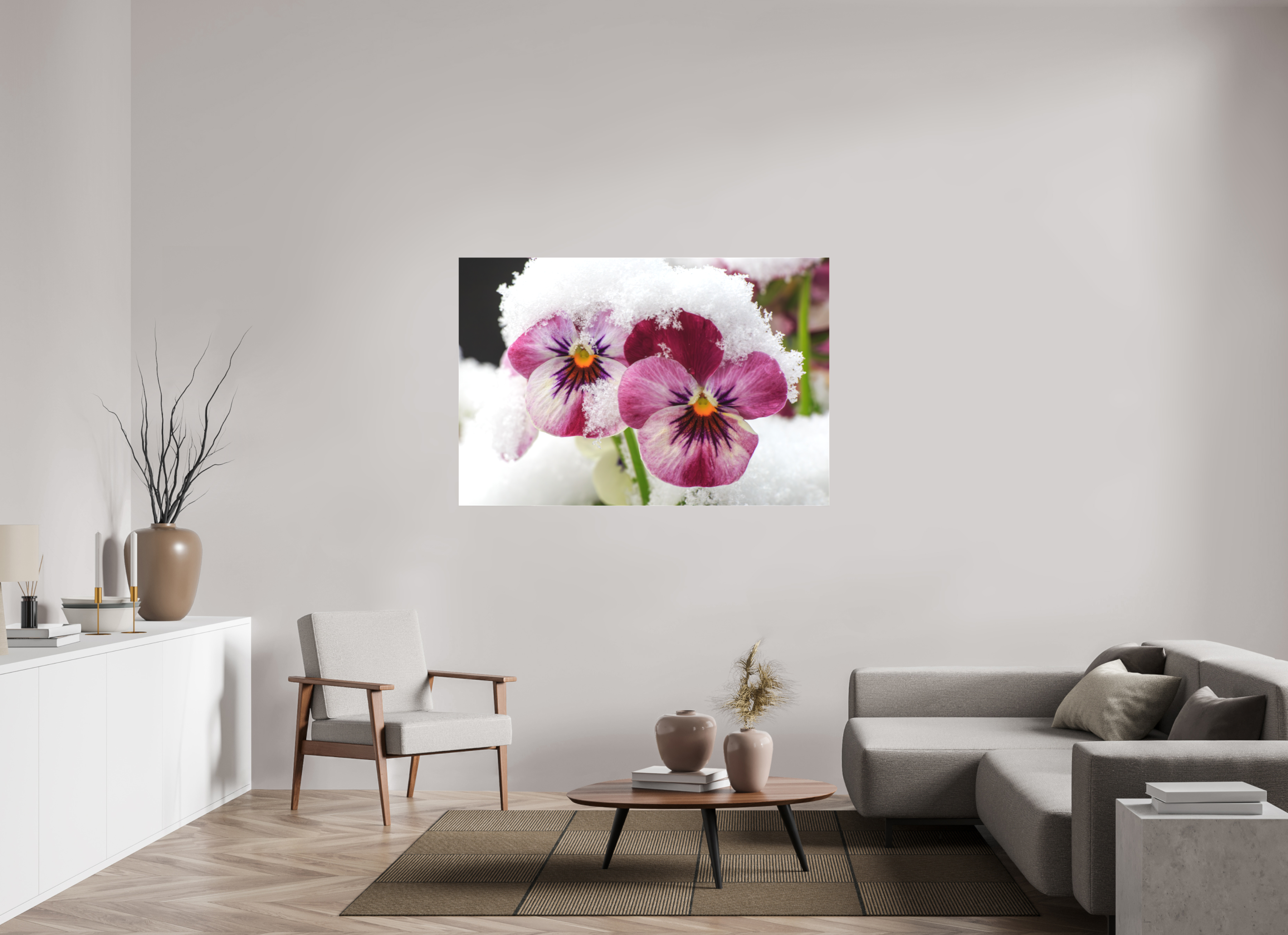 150 x 100 cm, Foto-Leinwand matt Winterzauber: Veilchenblüte mit glitzernden Eiskristallen