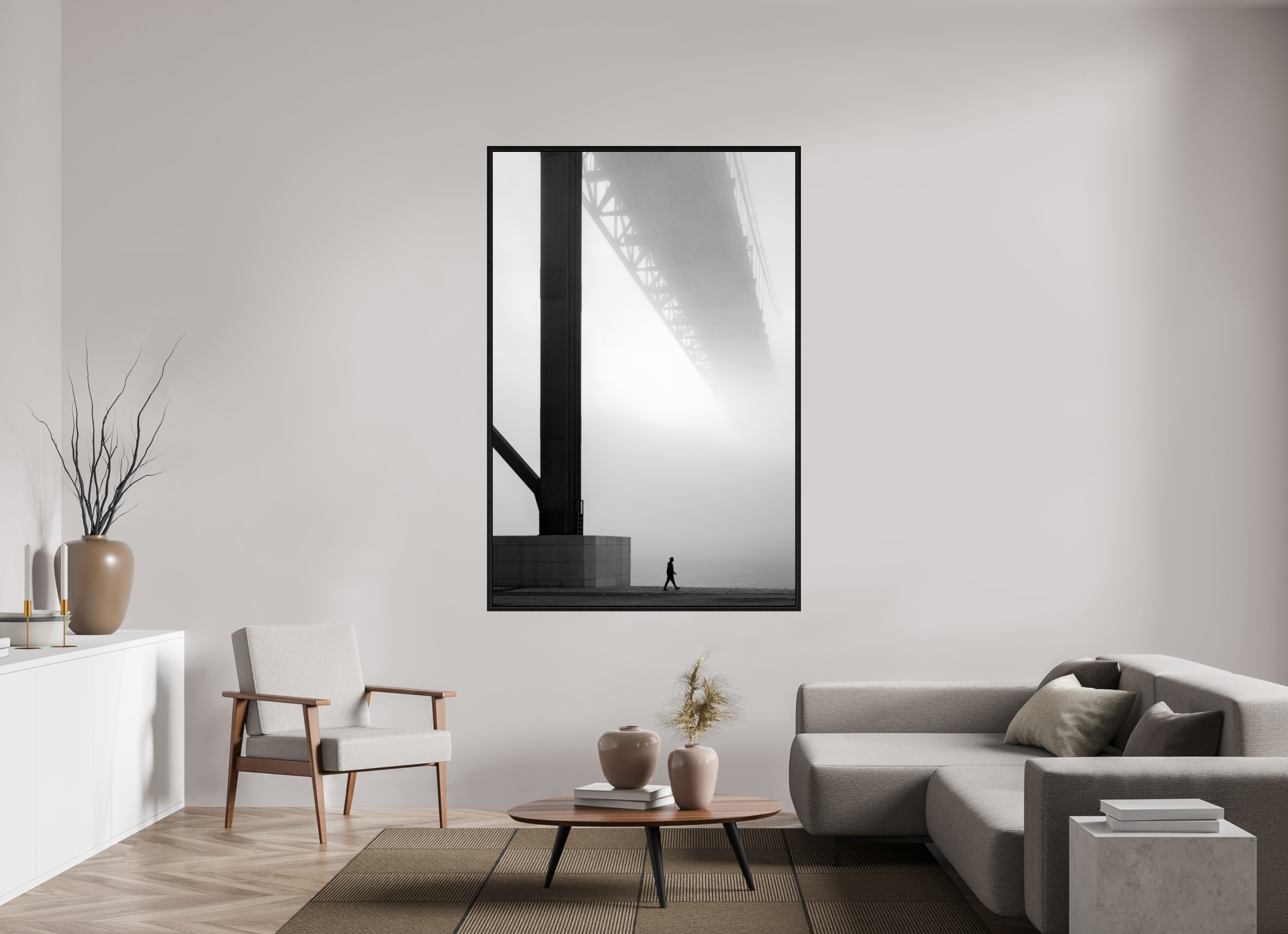 120 x 180 cm, Floater Frame Lissabon Brücke im Nebel S/W – Wandbild in Galeriequalität