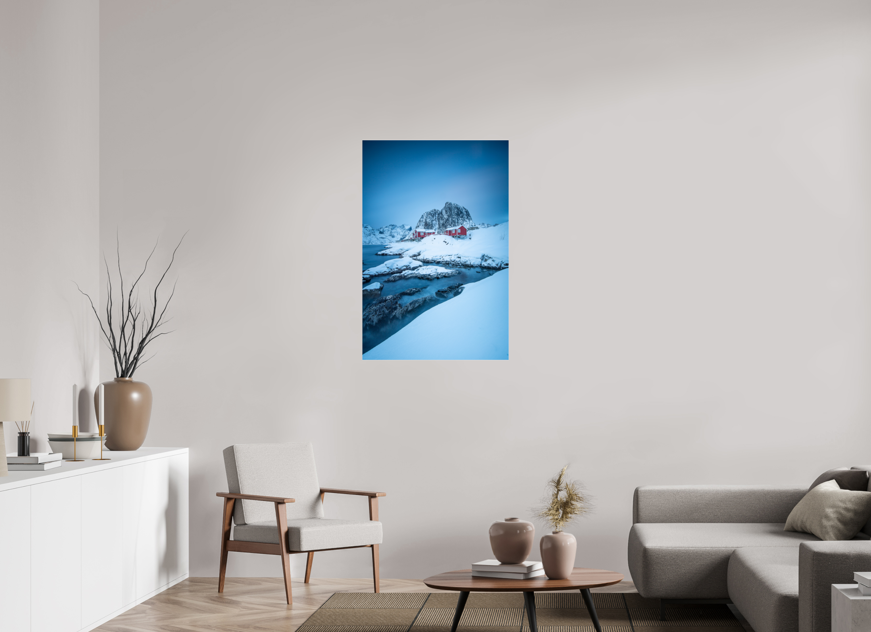 70 x 105 cm, Foto-Abzug Acrylglas 4 mm glänzend Winterstille in Hamnøy – Felsen, Wasser und rote Häuser