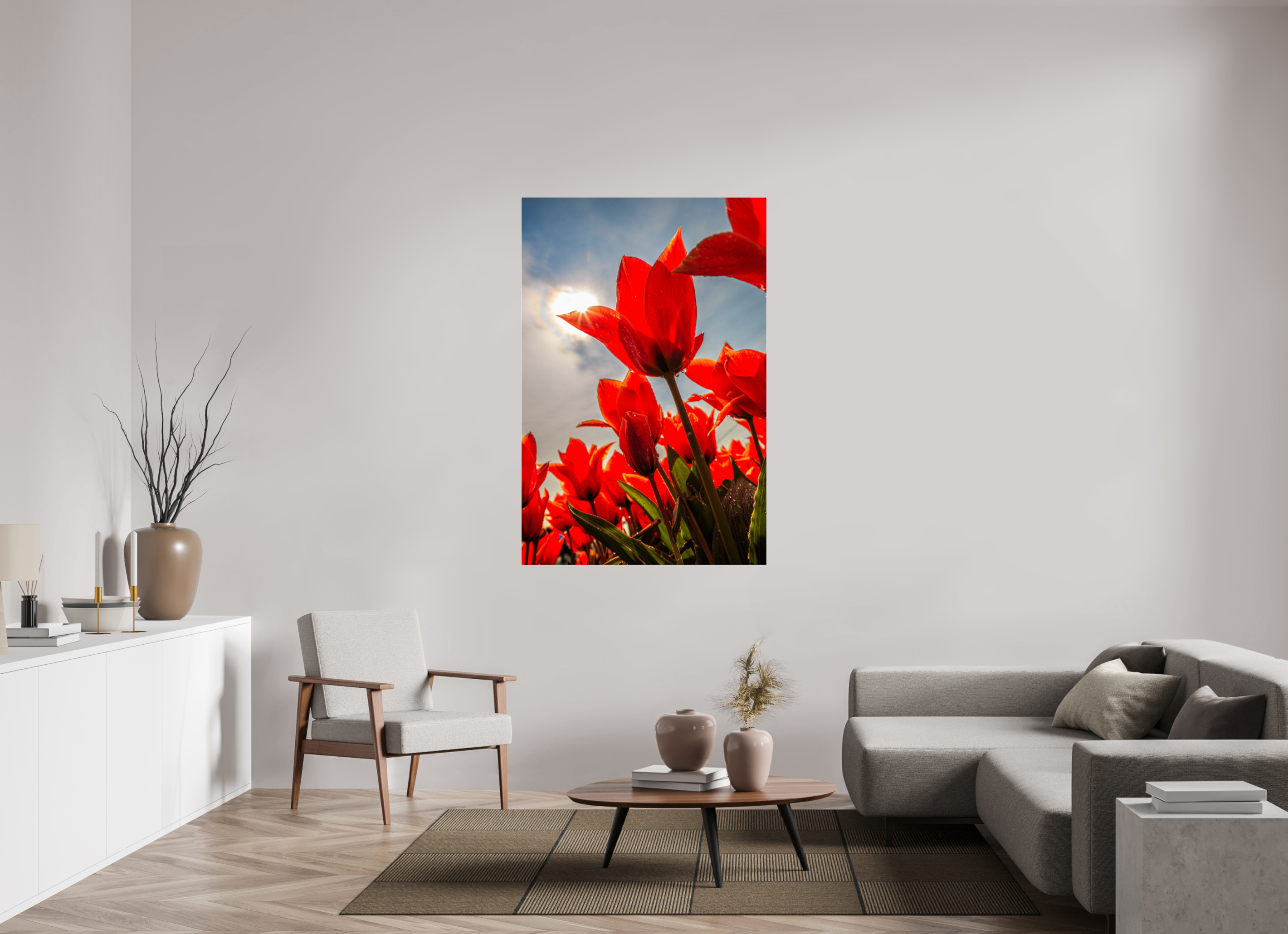 100 x 150 cm, Foto-Abzug Acrylglas 4 mm glänzend Leuchtende Kelche: Offene Tulpen im Sonnenlicht
