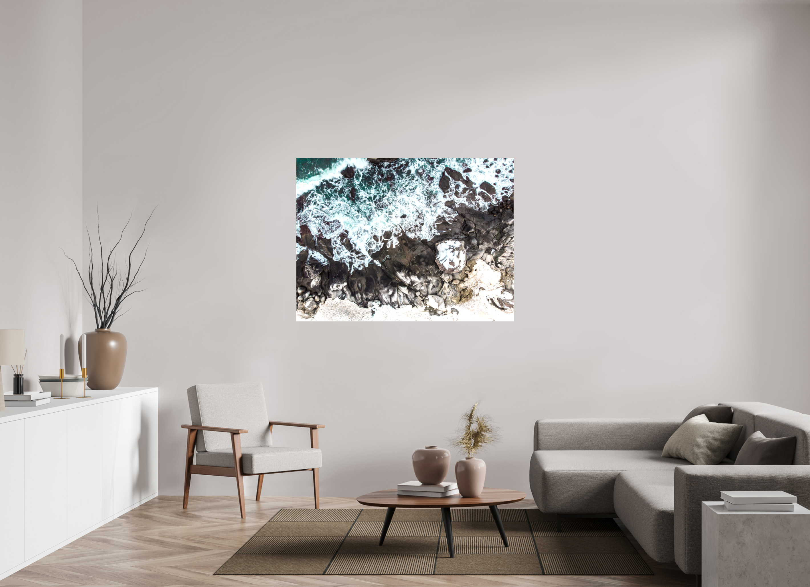 140 x 105 cm, Foto Leinwand glänzend Kraft des Nordens – Die wilde Küste Norwegens von oben