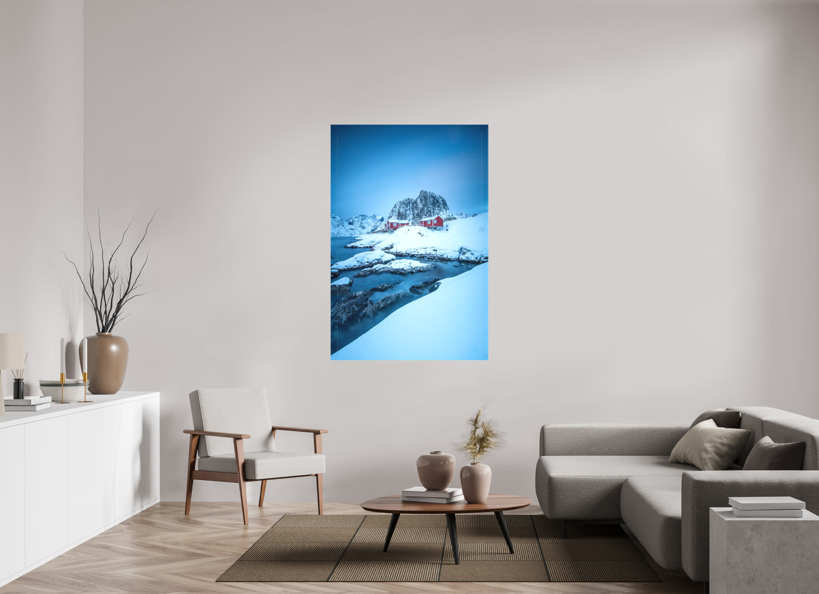 100 x 150 cm, Foto-Leinwand matt Winterstille in Hamnøy – Felsen, Wasser und rote Häuser