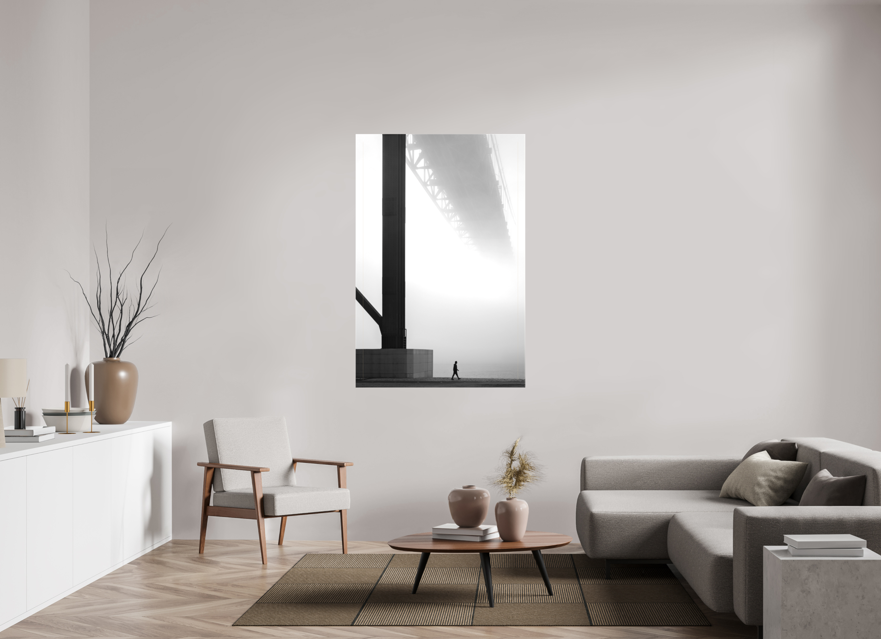 100 x 150 cm, Foto-Leinwand matt Lissabon Brücke im Nebel S/W – Wandbild in Galeriequalität