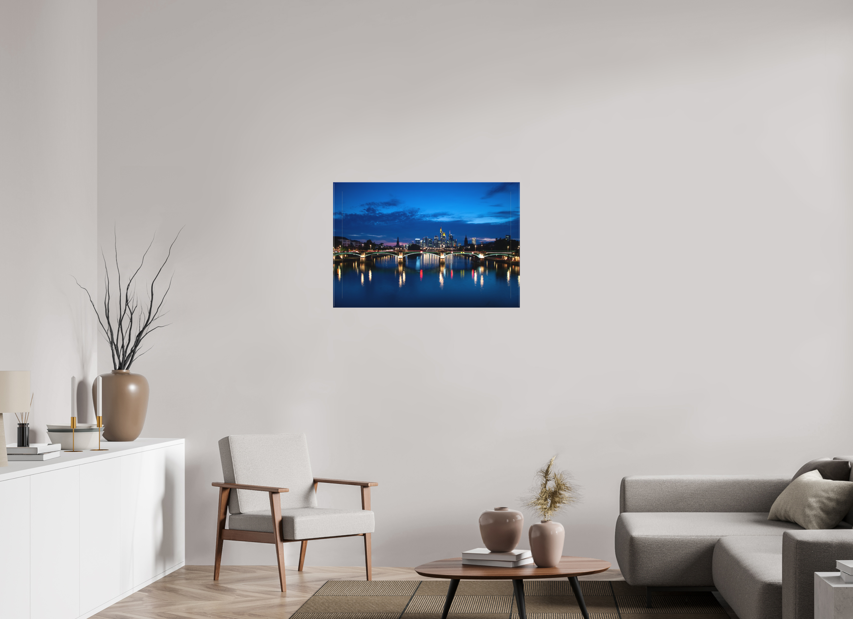 90 x 60 cm, Foto-Leinwand matt Frankfurter Skyline – Flößerbrücke zur Blauen Stunde