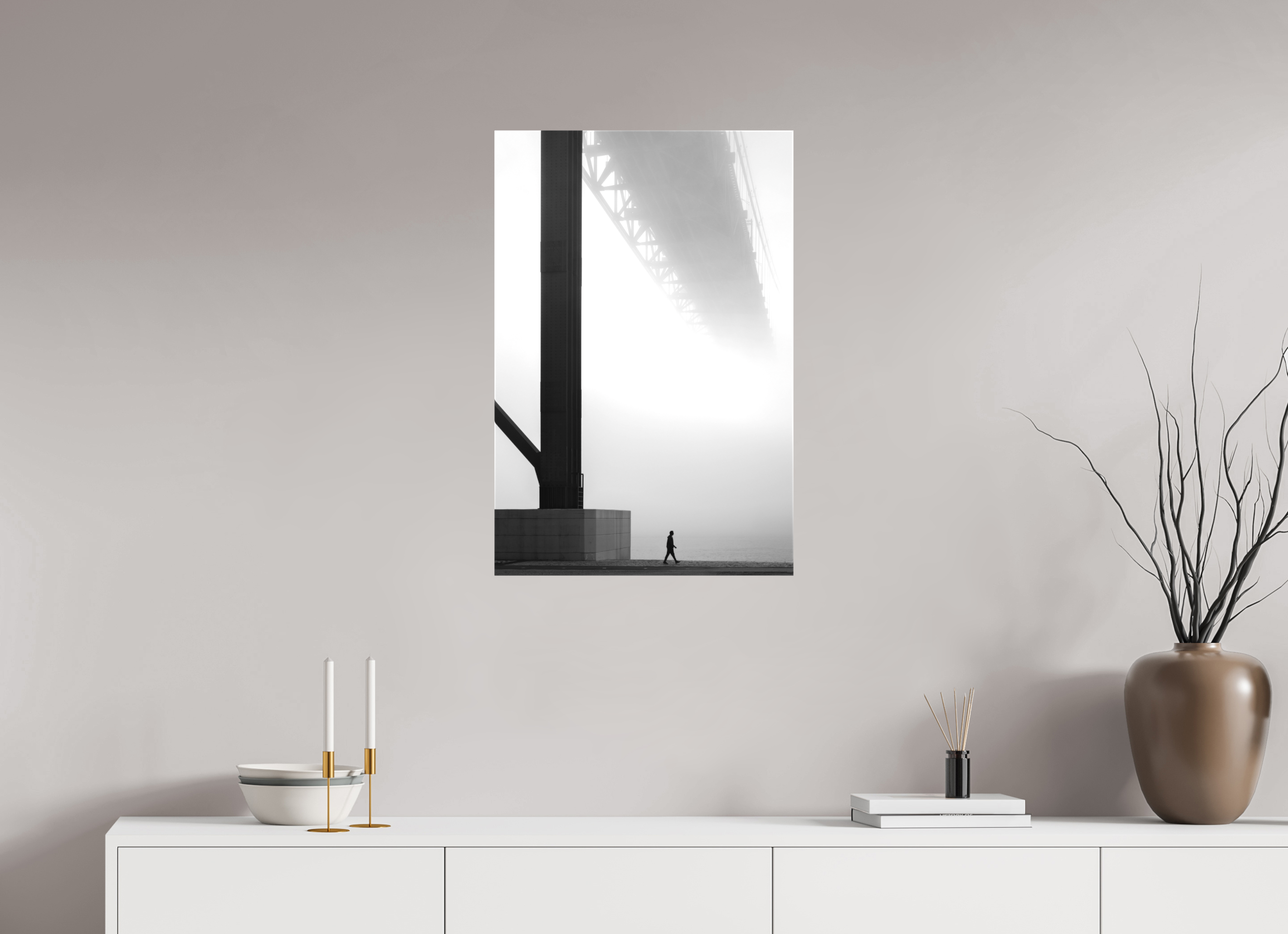 50 x 75 cm, Foto-Leinwand matt Lissabon Brücke im Nebel S/W – Wandbild in Galeriequalität