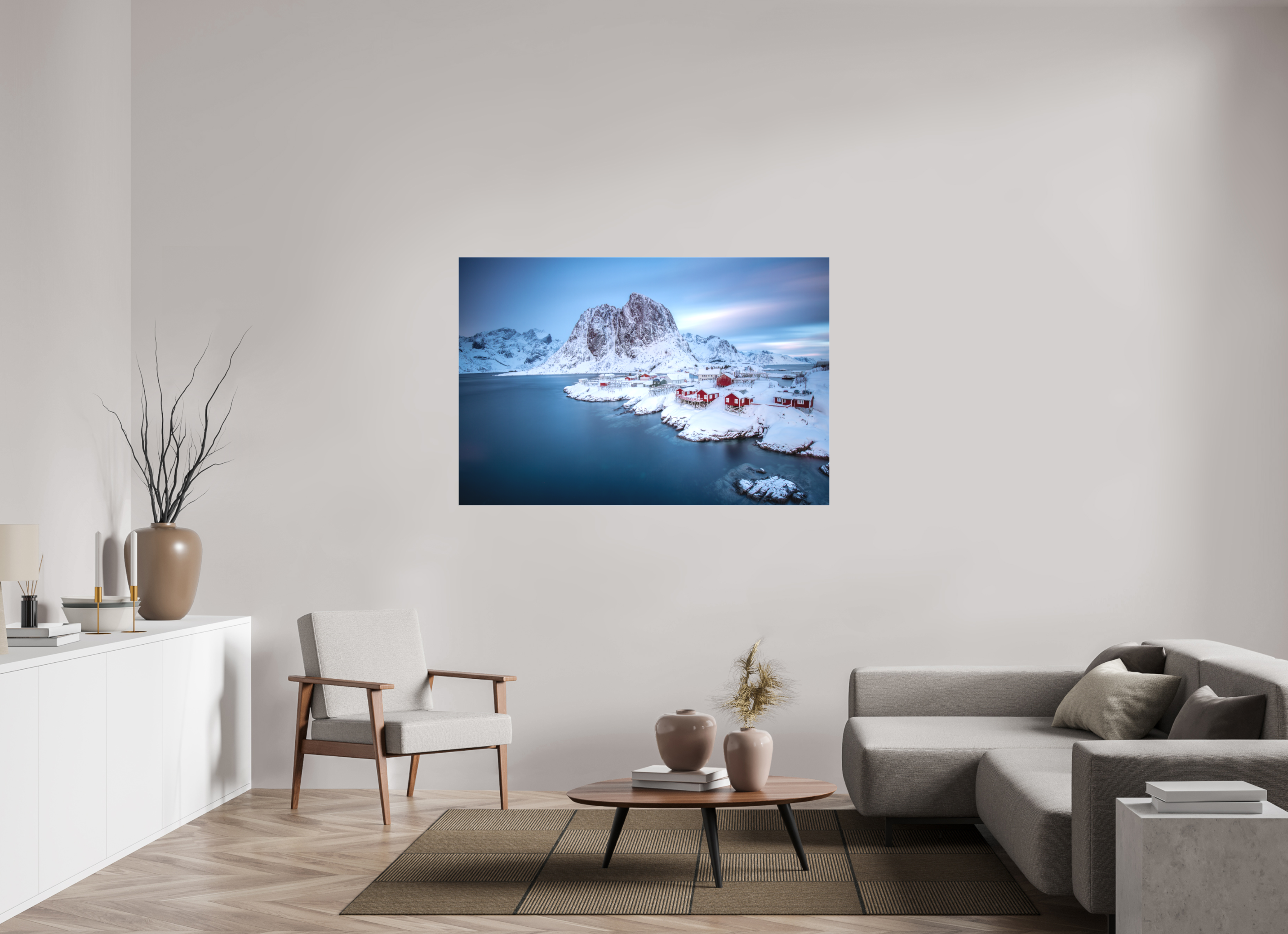 150 x 100 cm, Foto-Leinwand matt Hamnøy - Fischerdorf auf den Lofoten im Winter