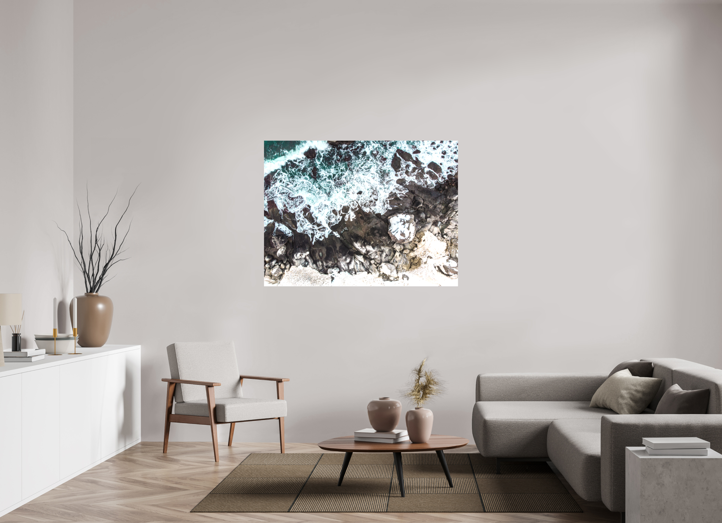 140 x 105 cm, Foto-Leinwand matt Kraft des Nordens – Die wilde Küste Norwegens von oben