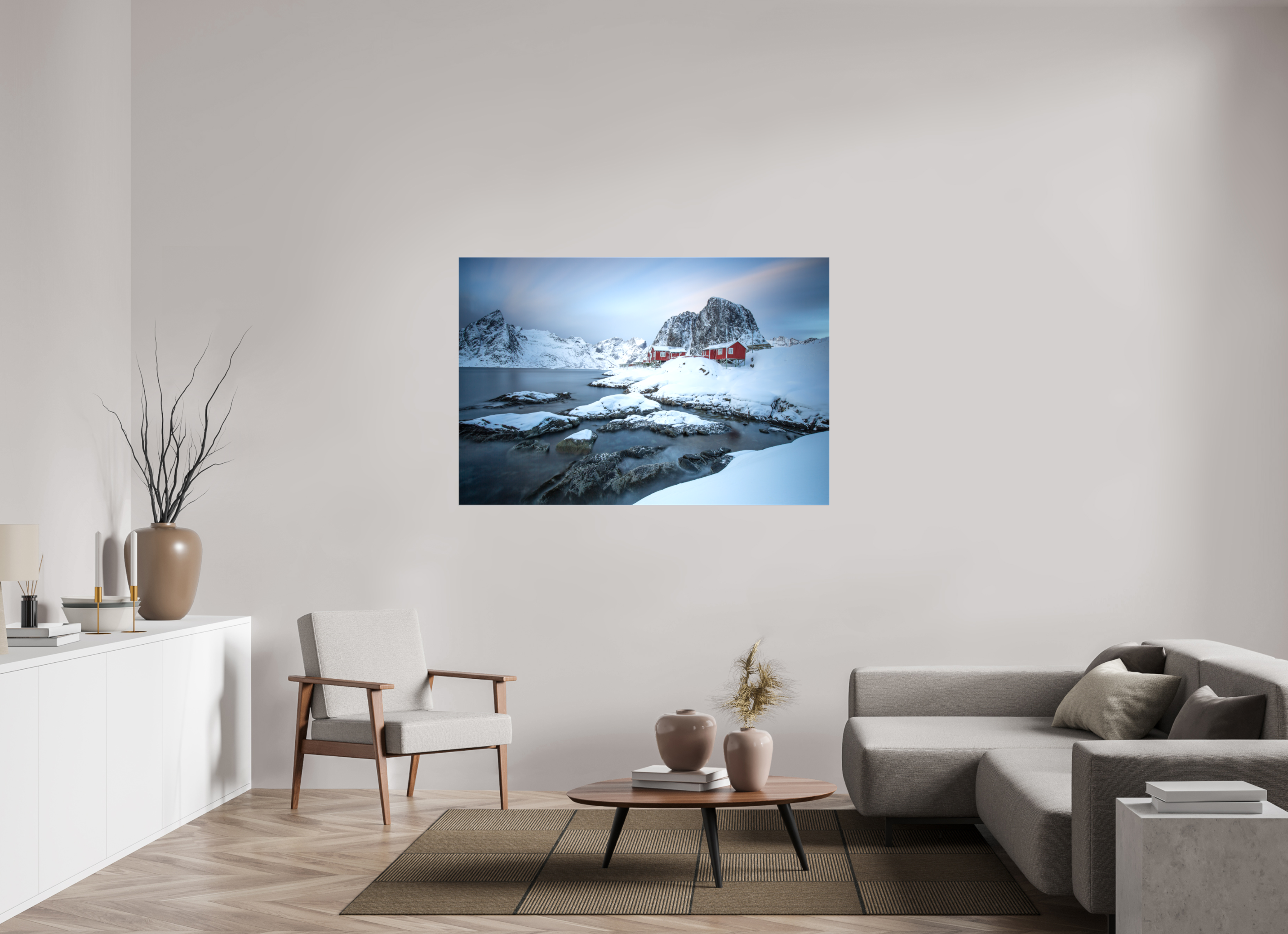150 x 100 cm, Foto Leinwand glänzend Nordische Ruhe – Hamnøy zwischen Felsen und Fjord