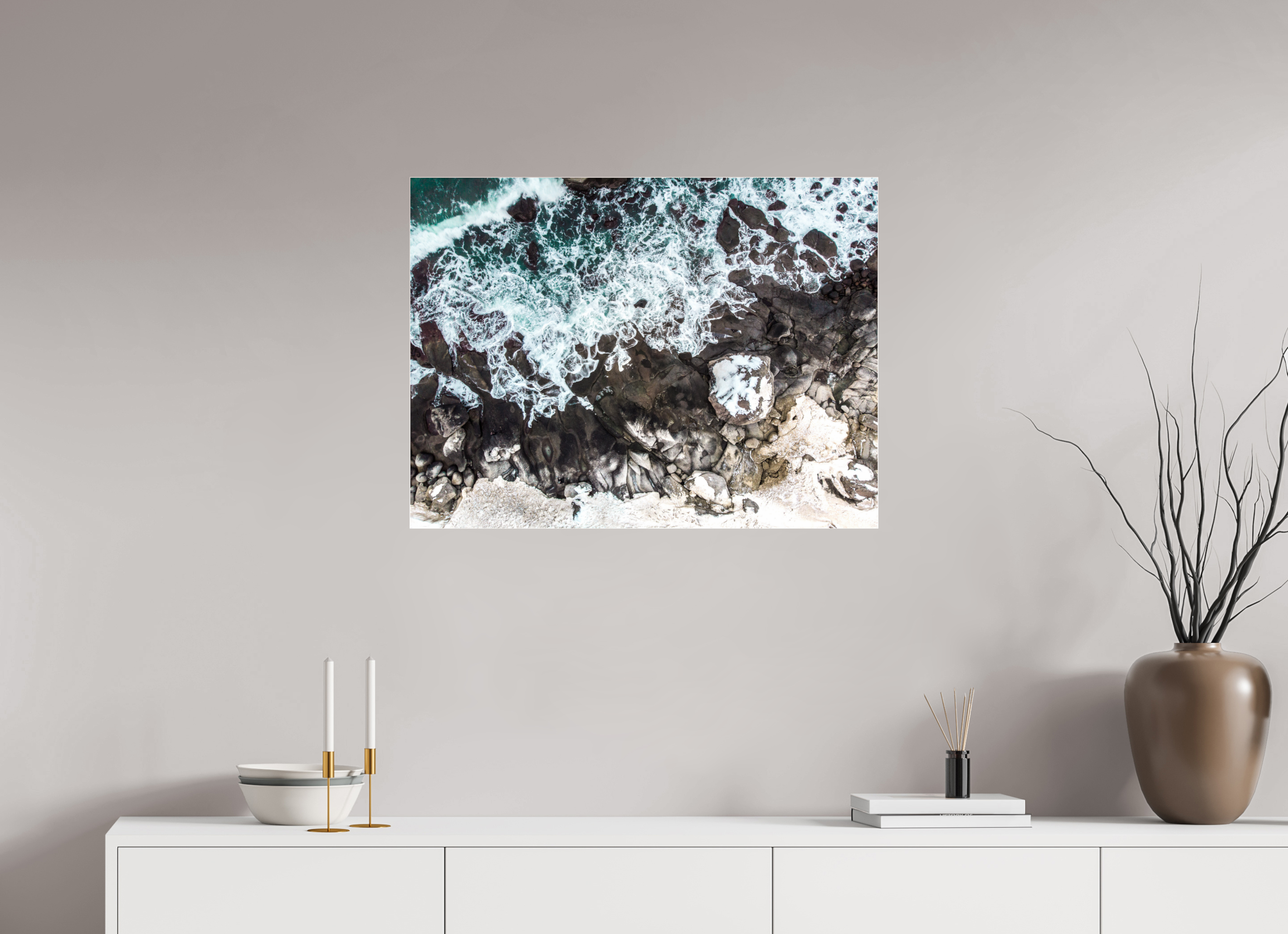 80 x 60 cm, Foto-Abzug Acrylglas 4 mm glänzend Kraft des Nordens – Die wilde Küste Norwegens von oben