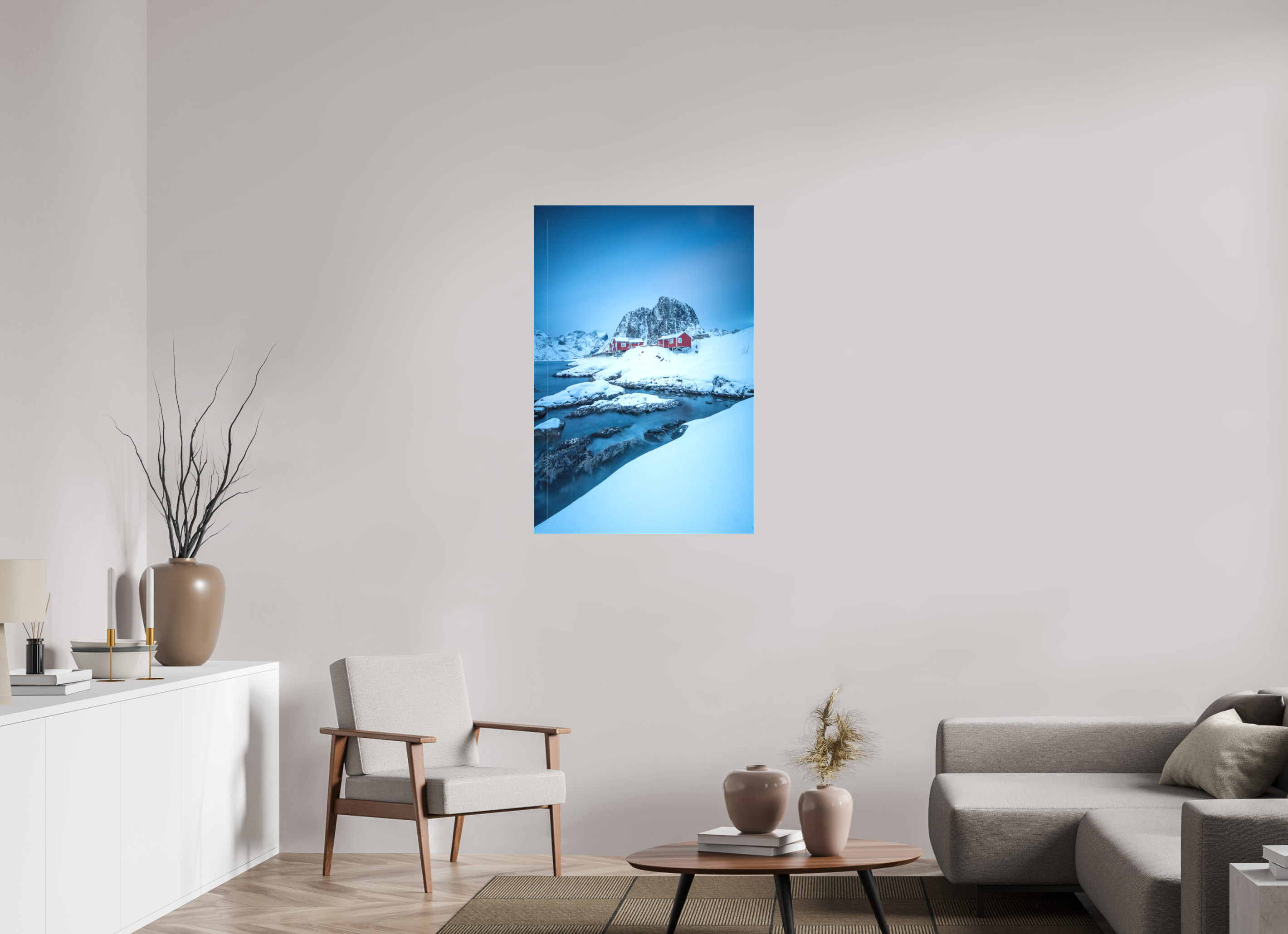 70 x 105 cm, Foto-Leinwand matt Winterstille in Hamnøy – Felsen, Wasser und rote Häuser
