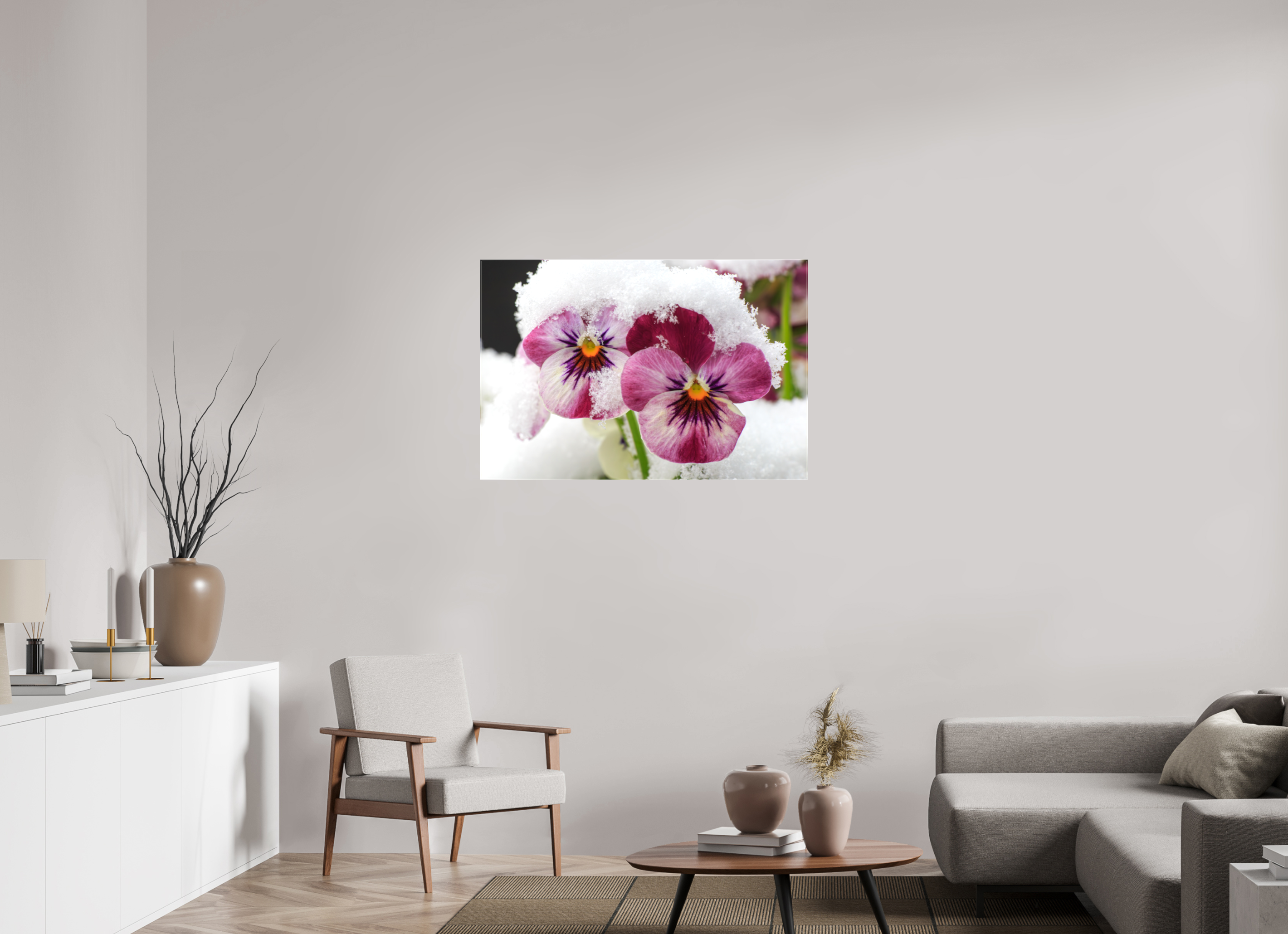 105 x 70 cm, Foto Leinwand glänzend Winterzauber: Veilchenblüte mit glitzernden Eiskristallen