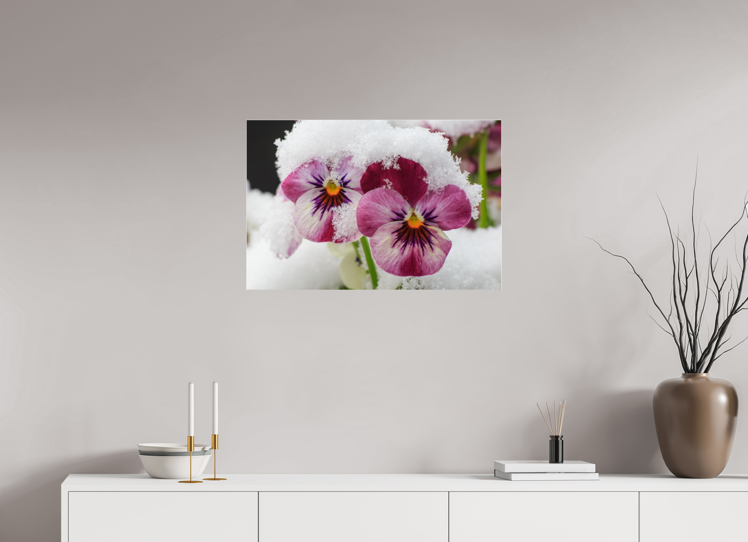 75 x 50 cm, Foto-Abzug Acrylglas 4 mm glänzend Winterzauber: Veilchenblüte mit glitzernden Eiskristallen