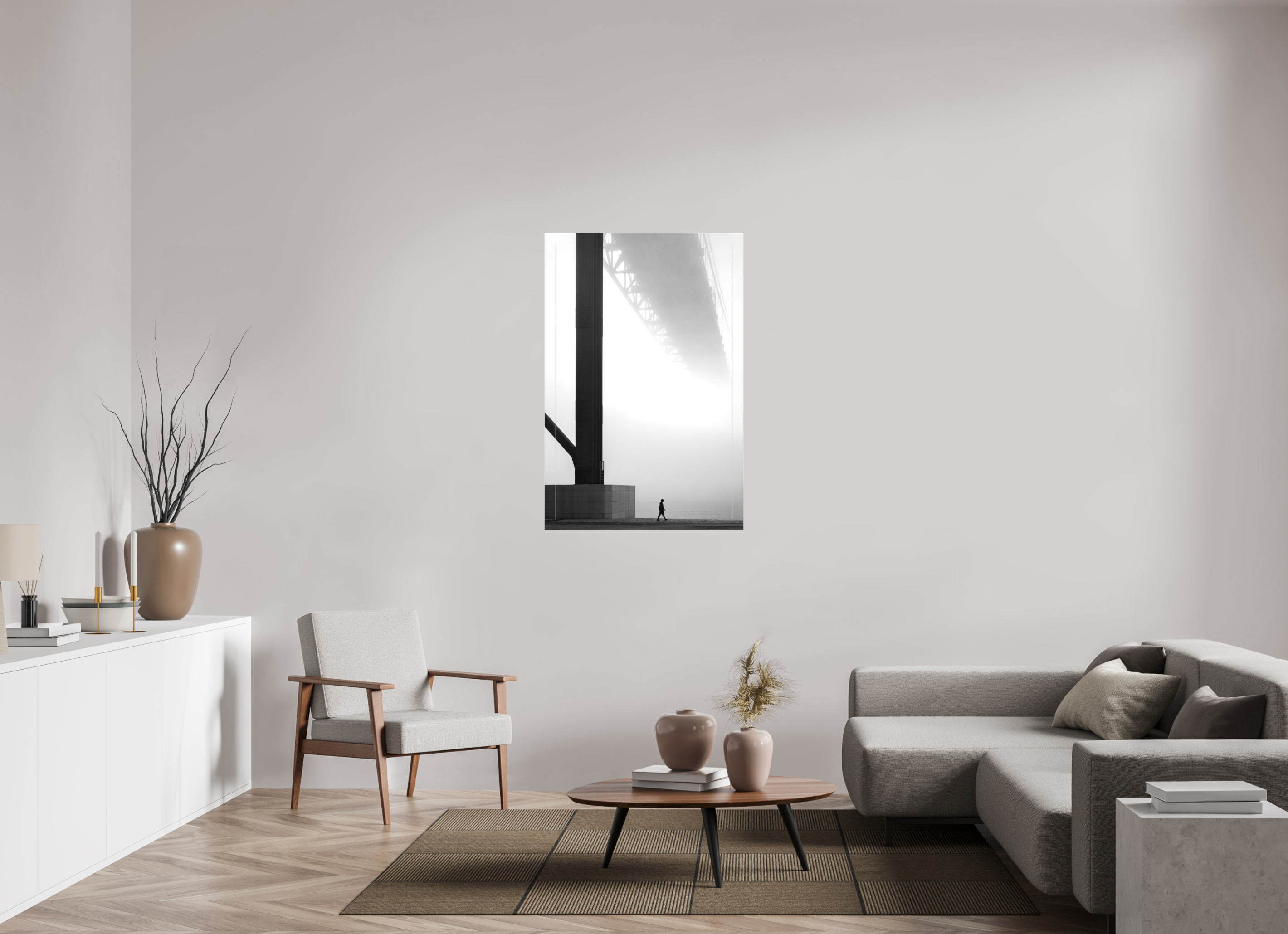 80 x 120 cm, Foto-Leinwand matt Lissabon Brücke im Nebel S/W – Wandbild in Galeriequalität
