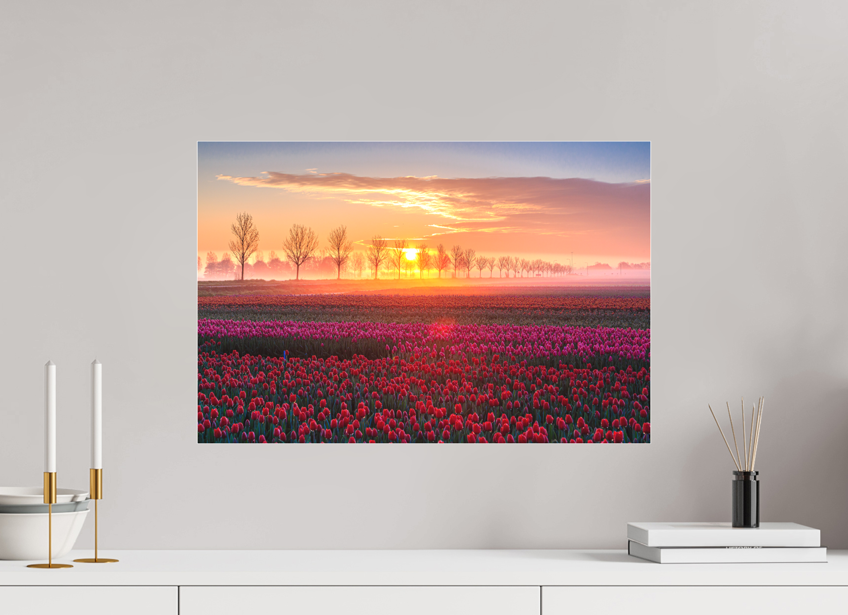 60 x 40 cm, Foto-Abzug hinter Acrylglas 3 mm matt Sonnenaufgang über dem Tulpfenfeld