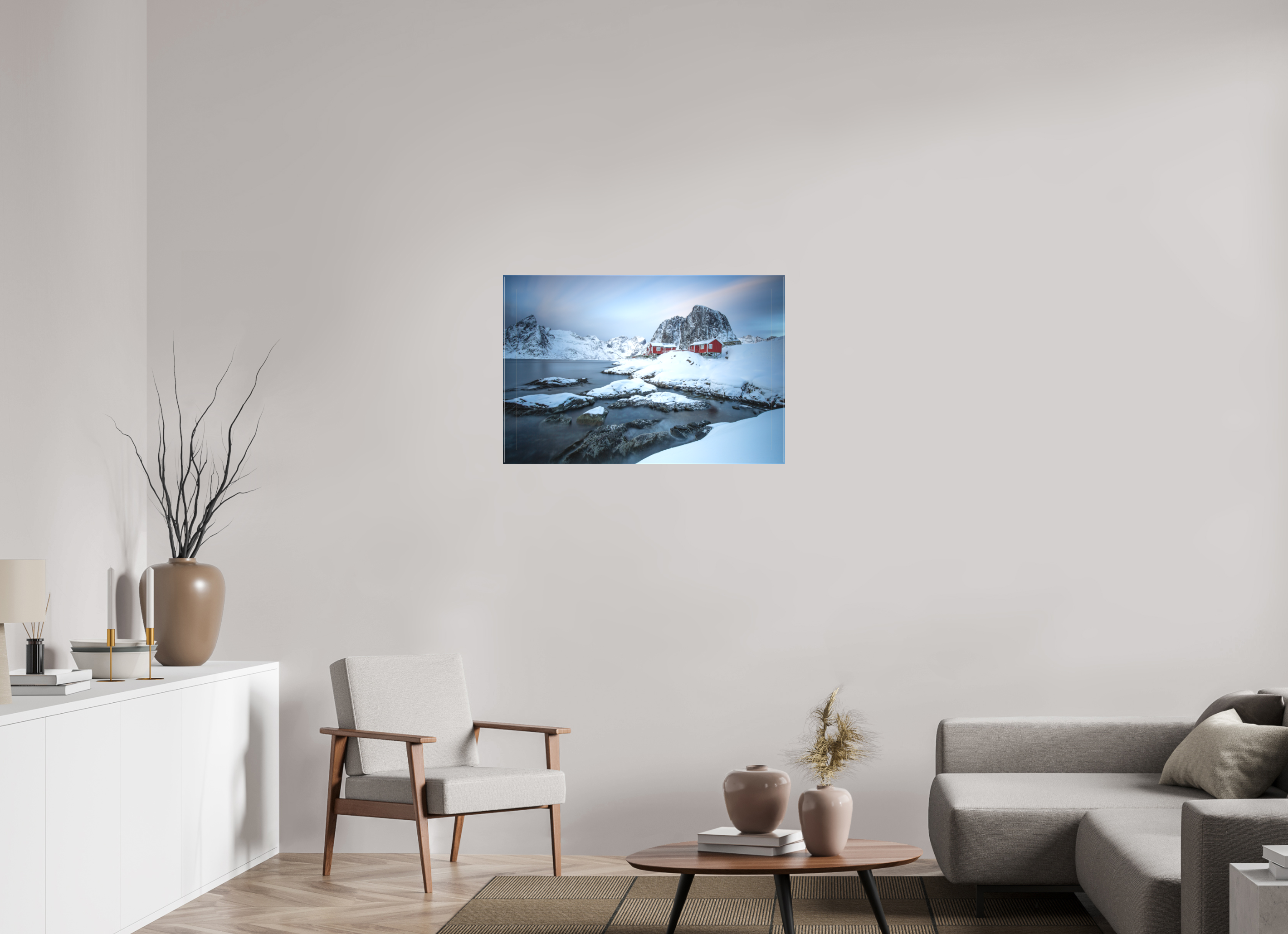 90 x 60 cm, Foto-Leinwand matt Nordische Ruhe – Hamnøy zwischen Felsen und Fjord