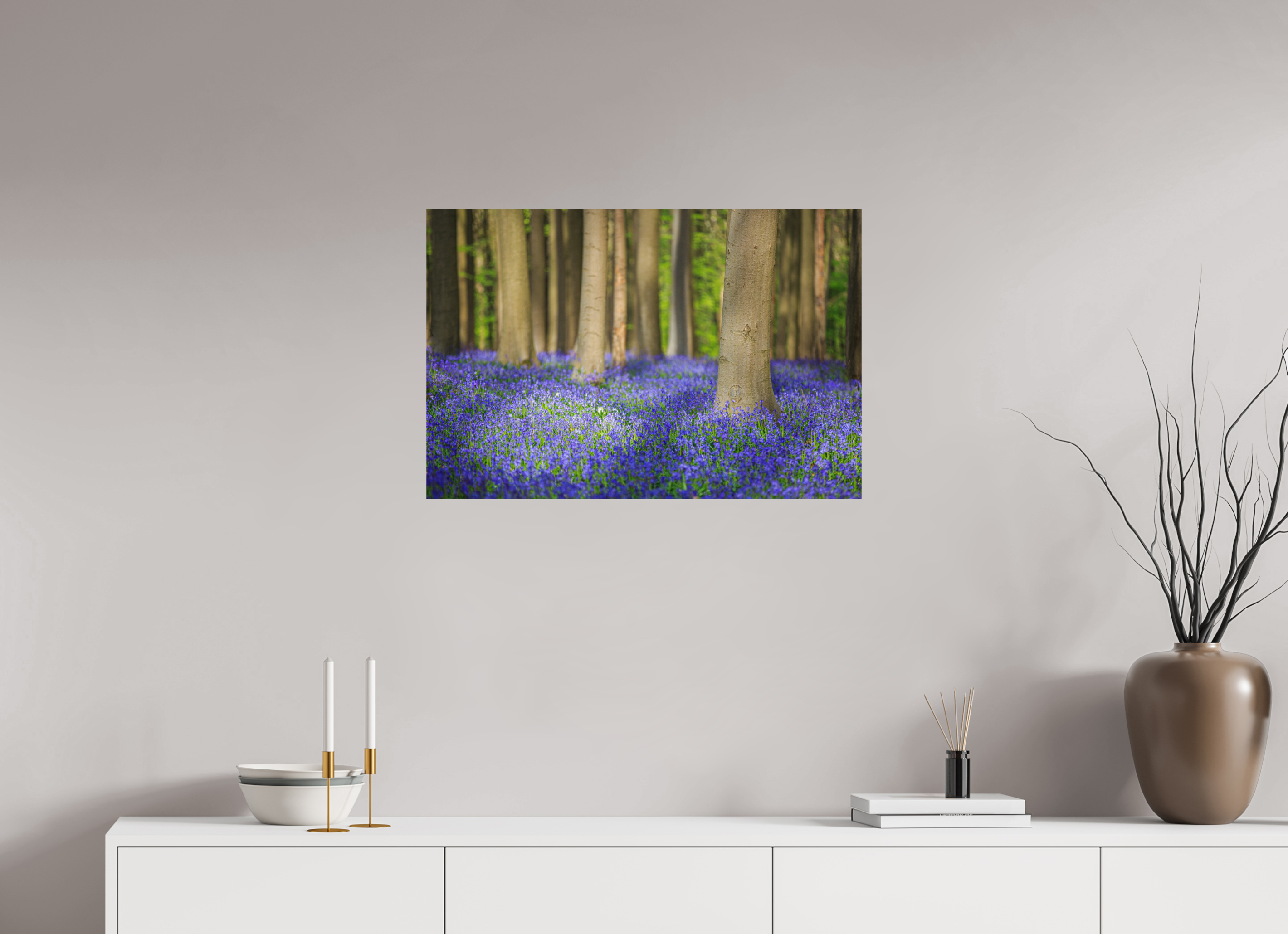 75 x 50 cm, Photo Print On Fuji Crystal DP II Mystischer Frühlingswald – Tanz des Lichts über blauem Blütenmeer