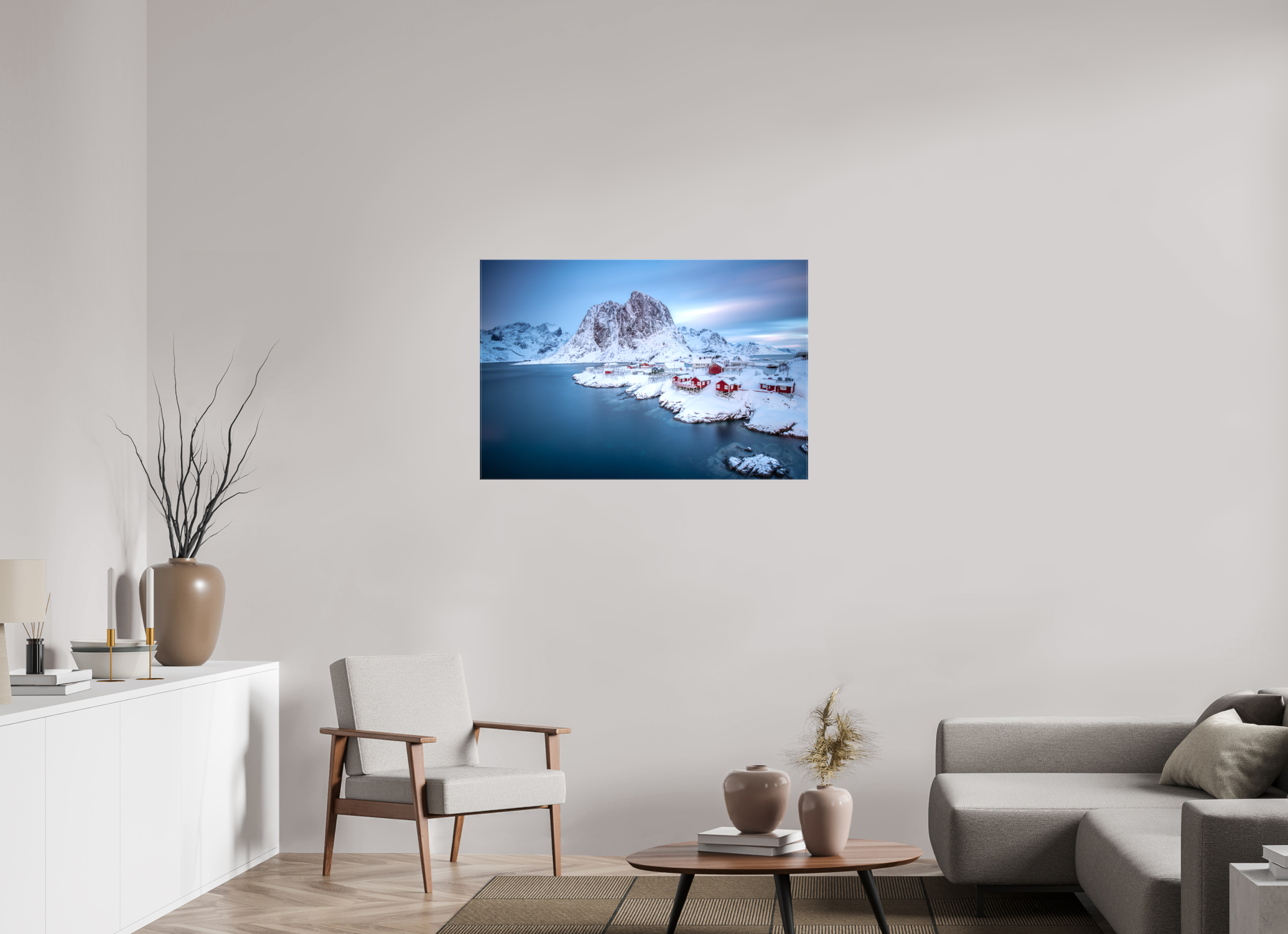 105 x 70 cm, Foto Leinwand glänzend Hamnøy - Fischerdorf auf den Lofoten im Winter