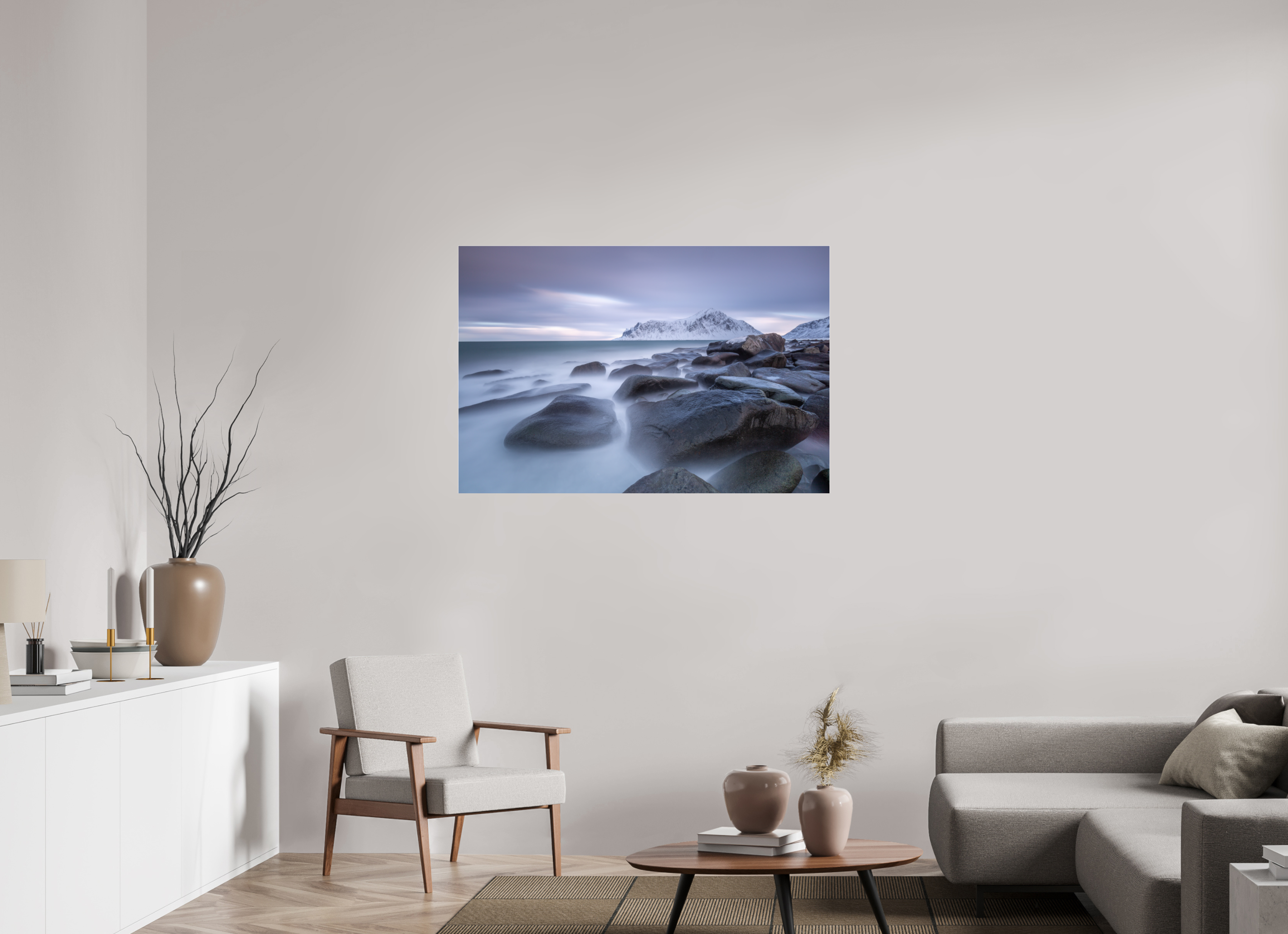 120 x 80 cm, Foto-Abzug Acrylglas 4 mm glänzend Nordische Stille im sanften Morgenlicht