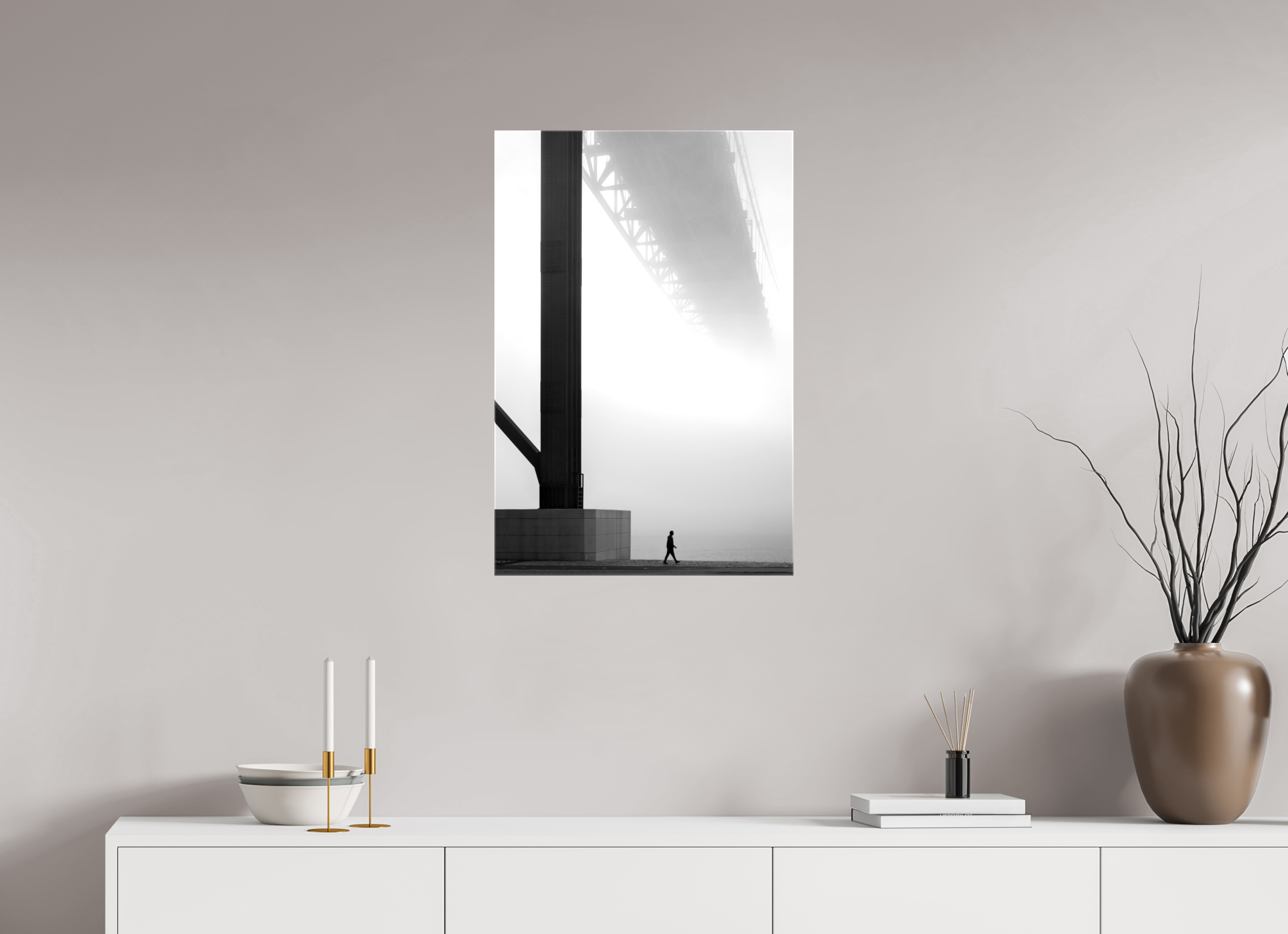 50 x 75 cm, Foto Leinwand glänzend Lissabon Brücke im Nebel S/W – Wandbild in Galeriequalität